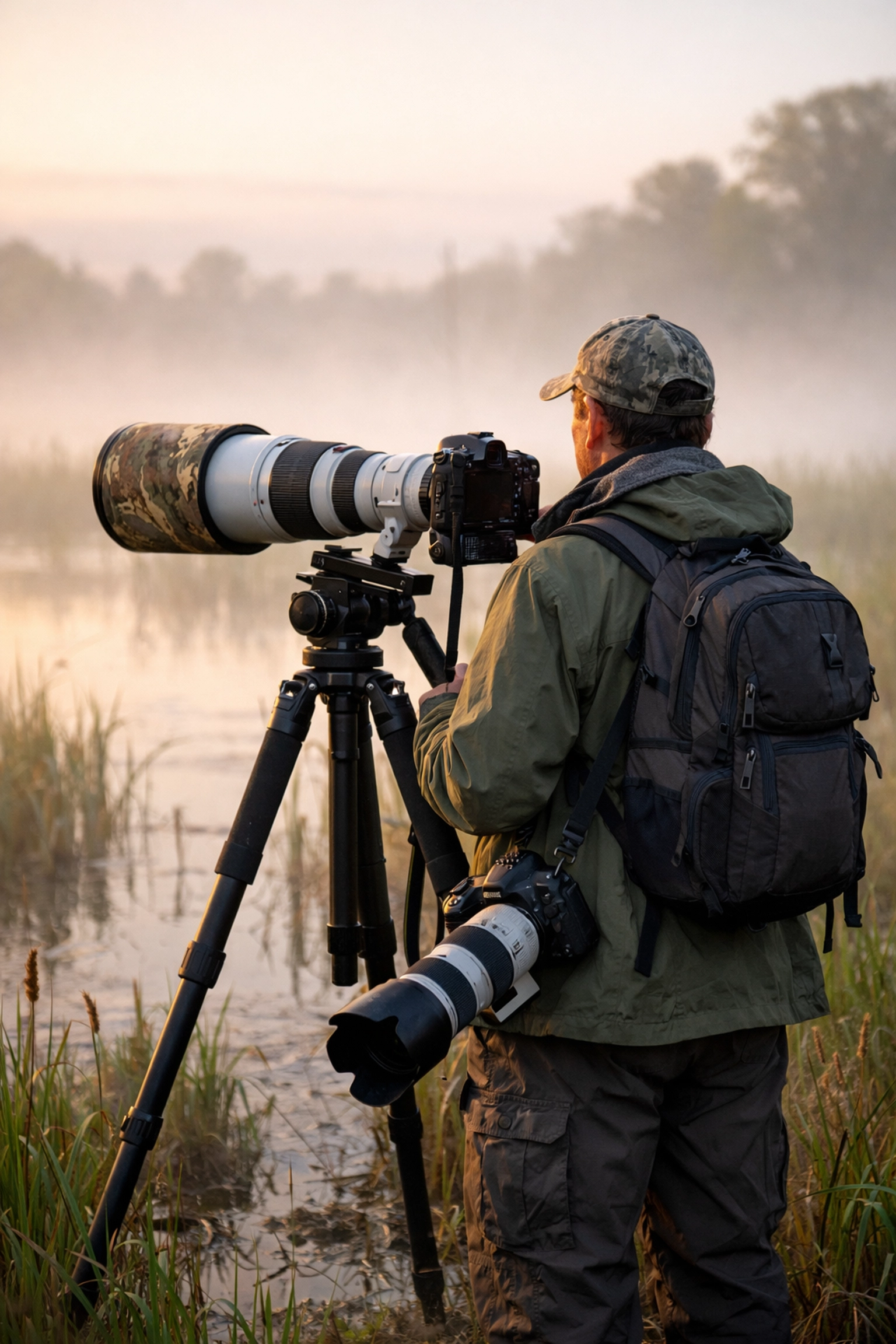 Professional wildlife photographer with two camera bodies and telephoto lenses.