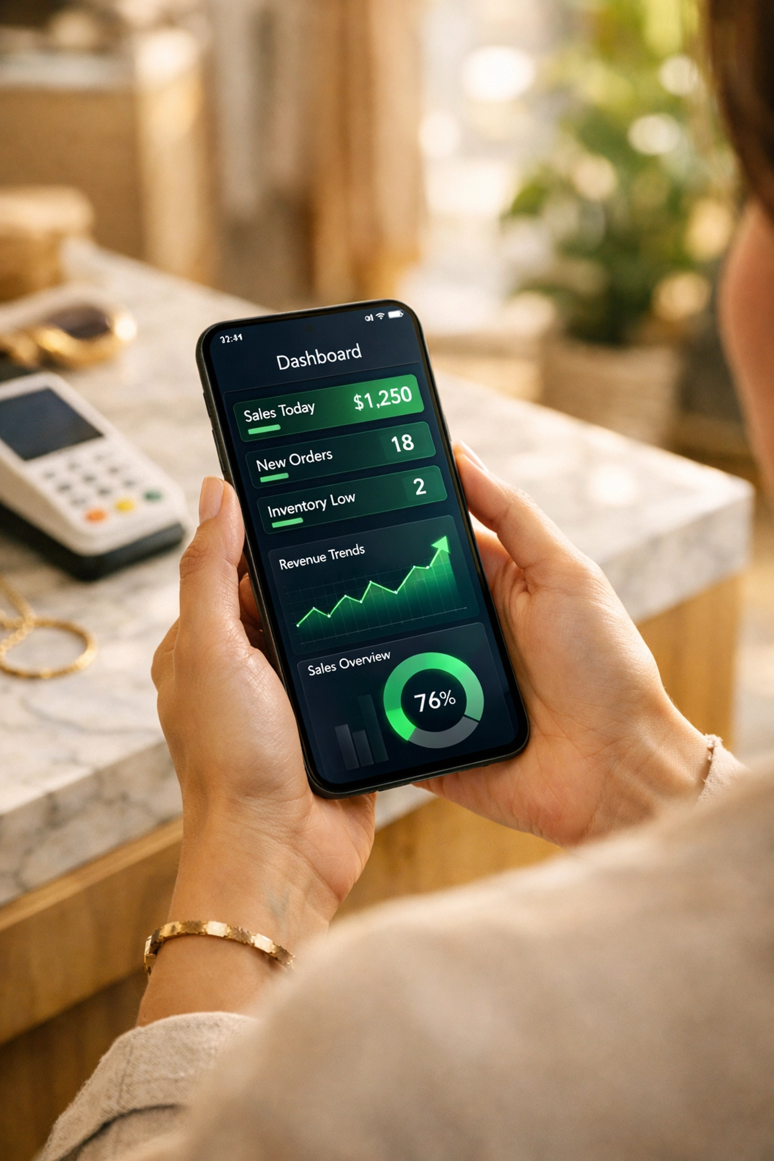 Merchant using the Larecoin portal on a smartphone to manage Web3 global payments and reduce fees.