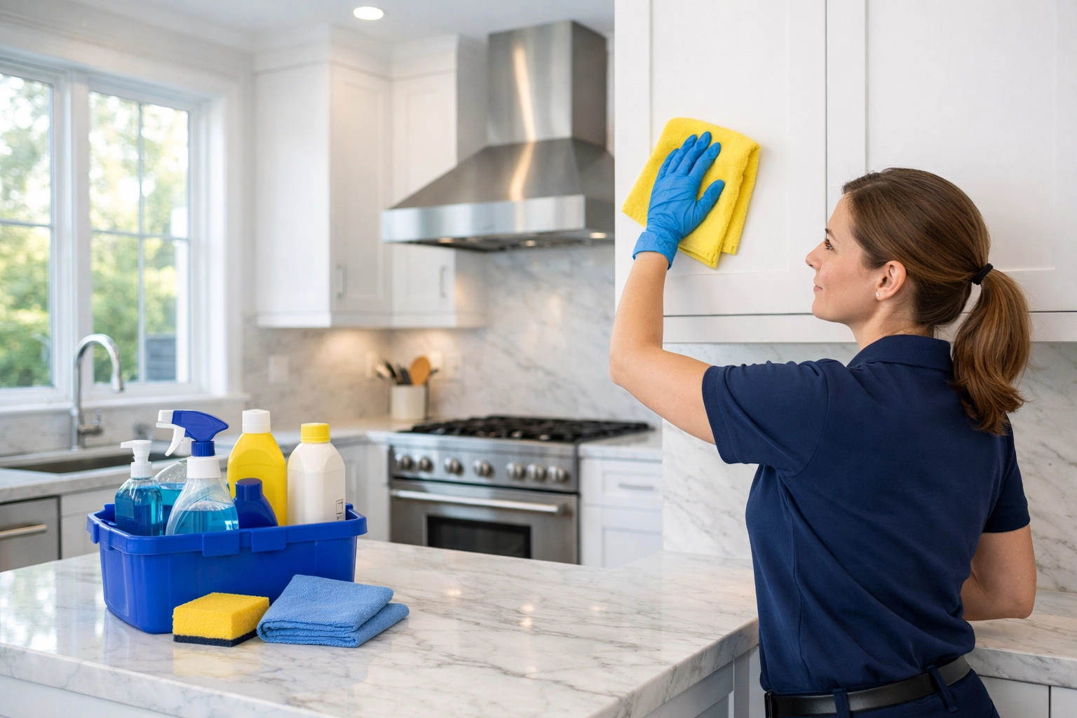 Professional cleaner performing deep cleaning Lincoln in a modern high-end kitchen.