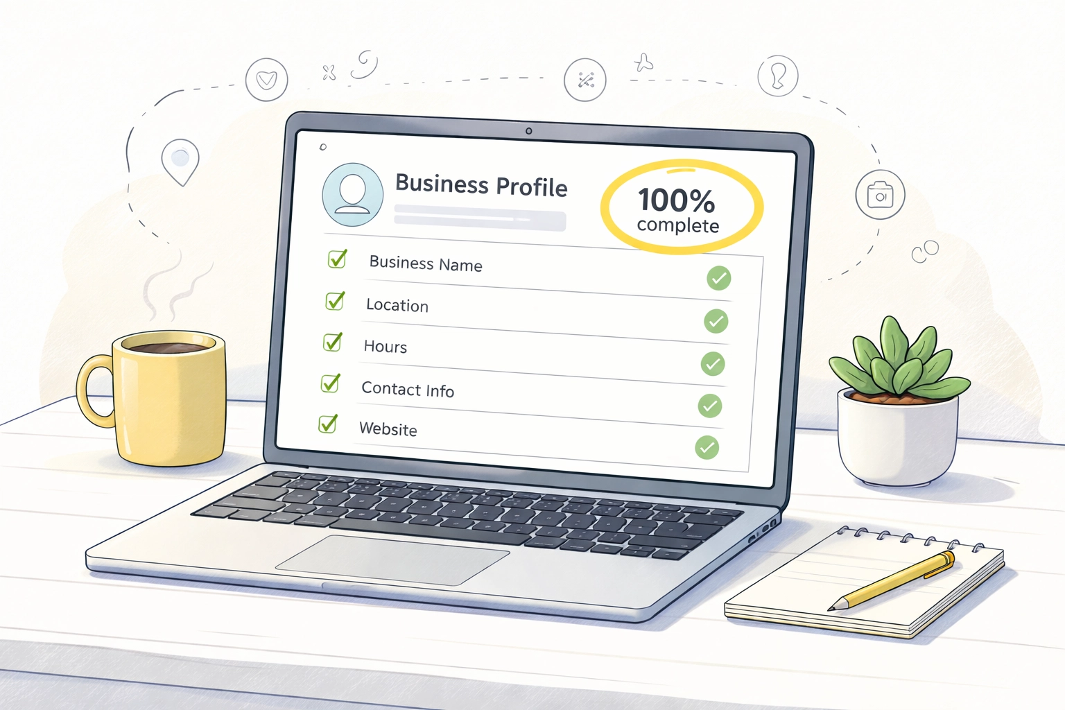 A laptop on a modern desk displays a complete Google Business Profile dashboard, highlighting local SEO optimization in Venice, FL.