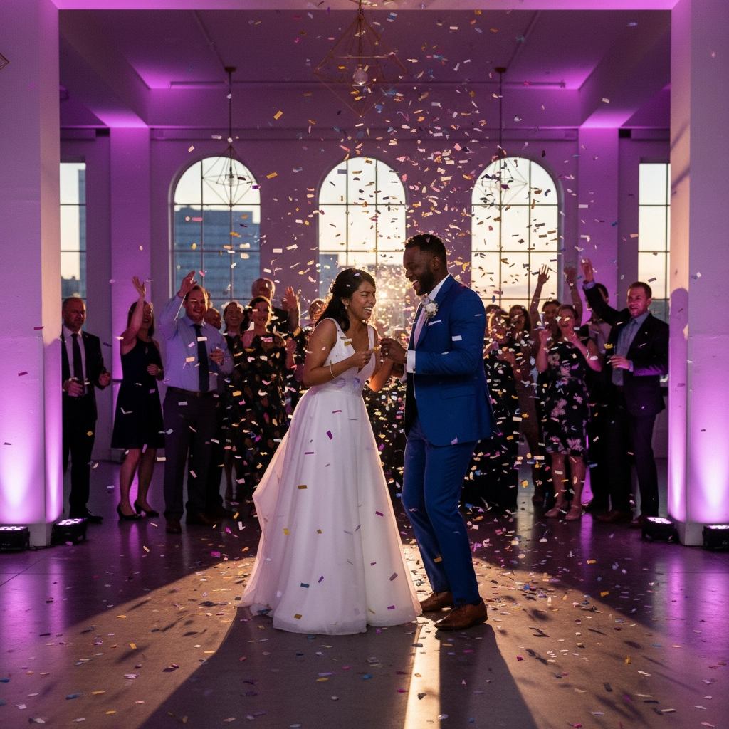 Bride and groom dancing under confetti in a venue with purple lighting. Guests cheer in the background, creating a joyful atmosphere.