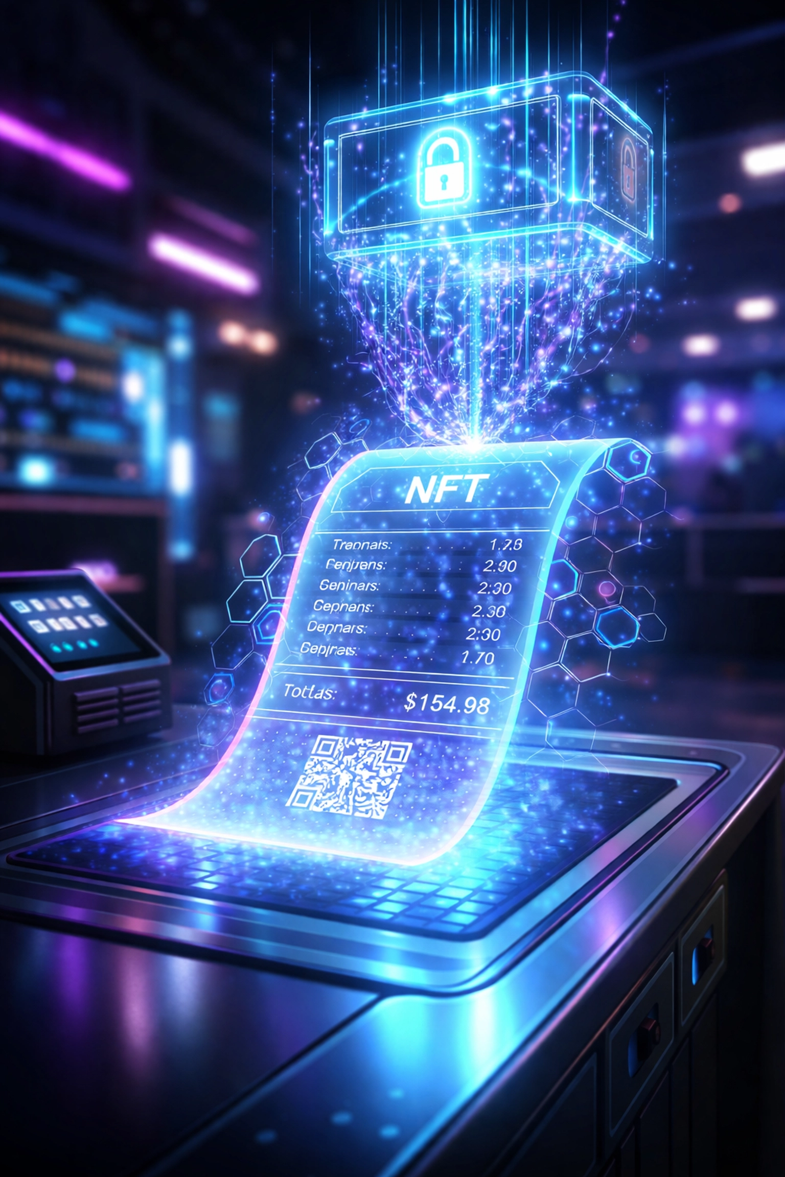 Digital receipt transforming into an NFT hologram at a merchant counter, showcasing blockchain-powered transaction security and NFT receipts for crypto payments.