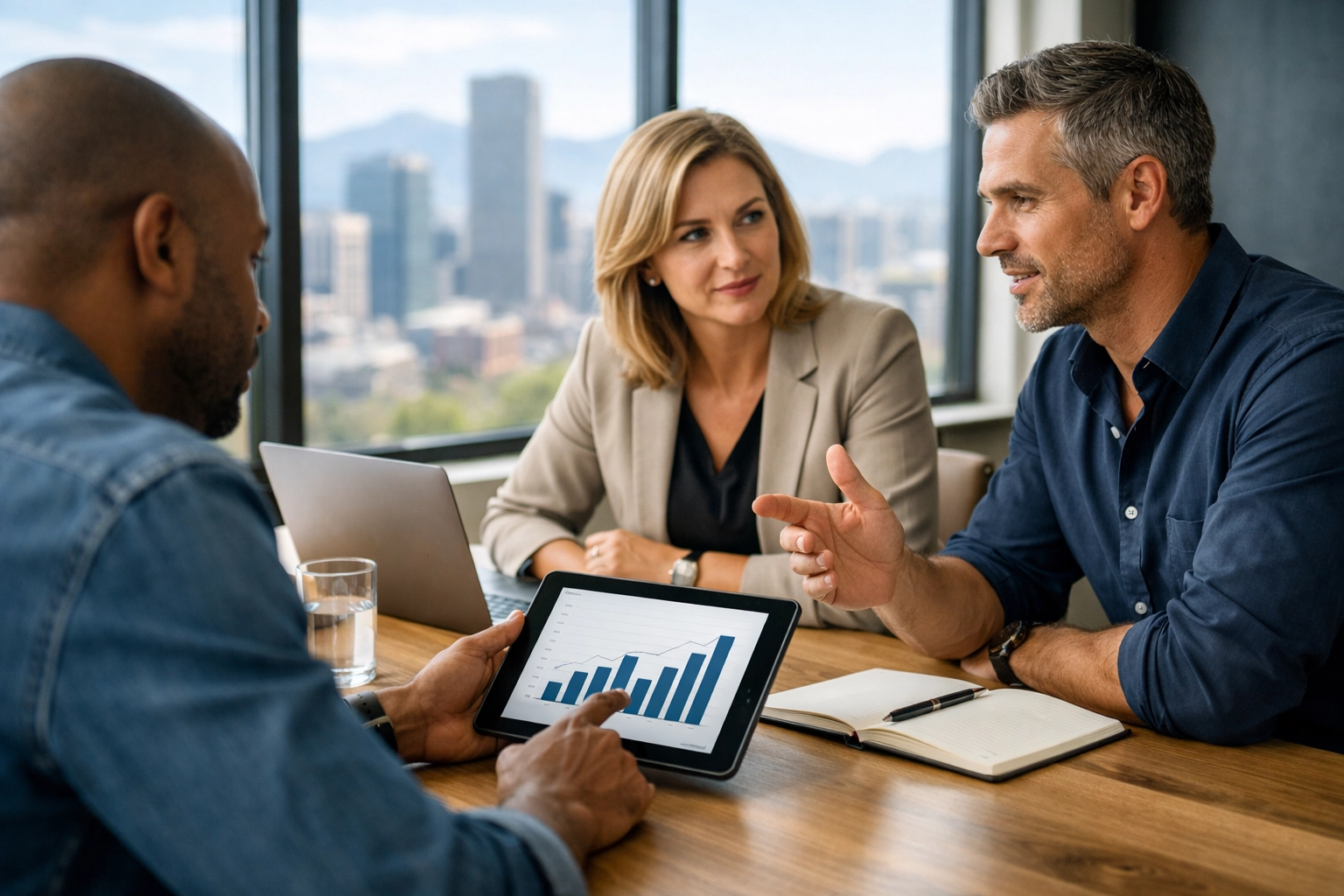 Dakdan Worldwide professionals conducting a strategic brand partnership planning session in a modern office.