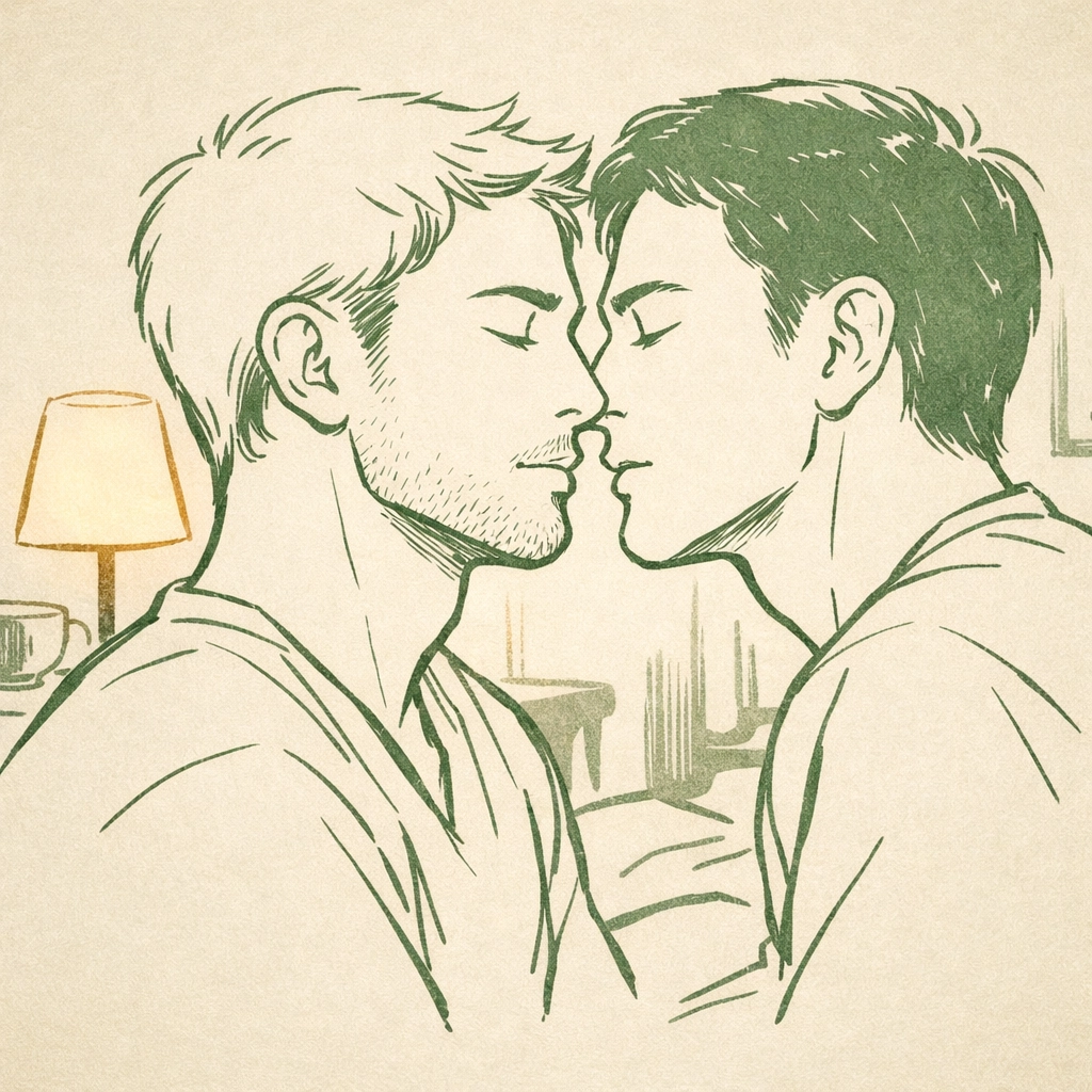 MM couple moments before first kiss showing vulnerability in intimate gay romance scene
