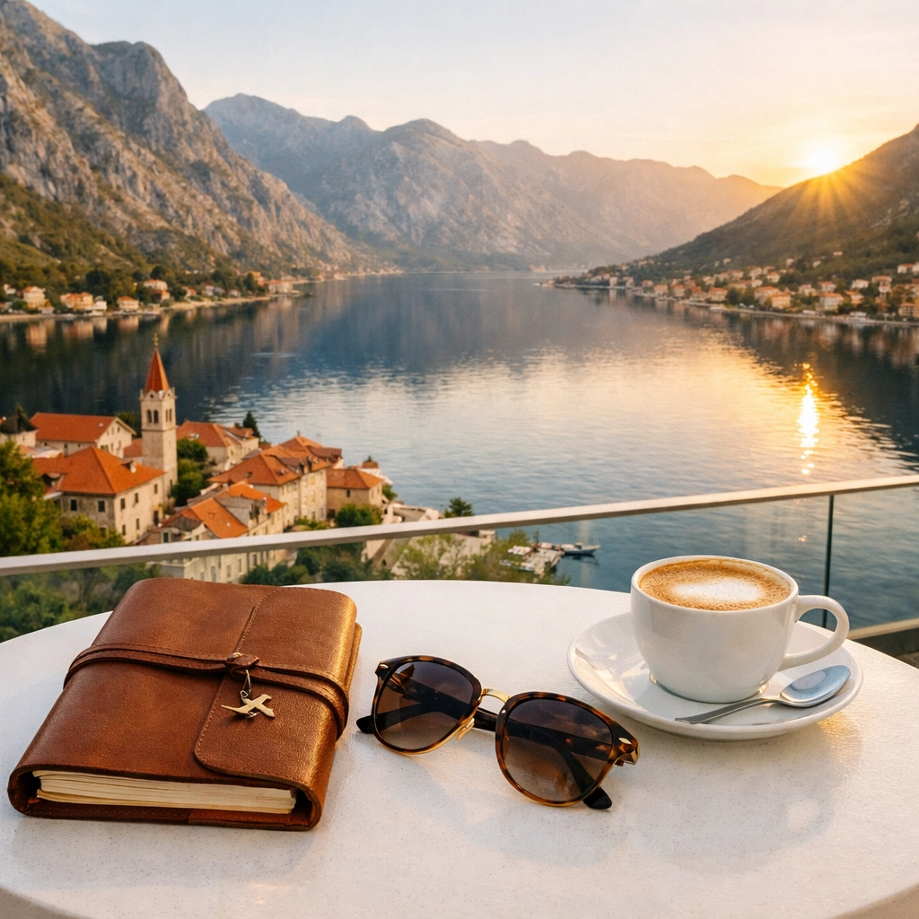 Luxury travel journal and coffee on a private balcony overlooking the sunrise at Bay of Kotor, Montenegro.