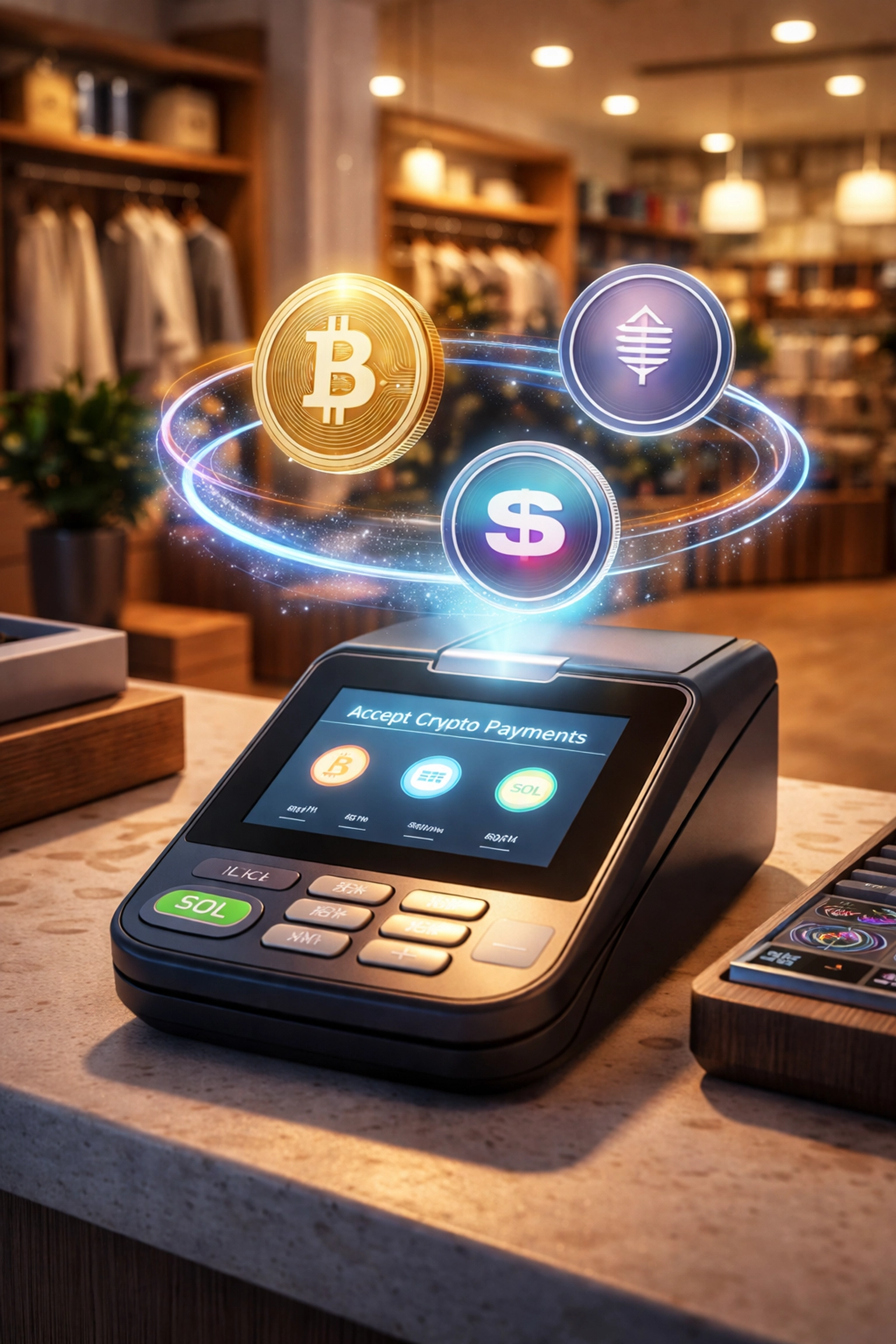Small business checkout counter with crypto POS terminal accepting Bitcoin, Ethereum, and Solana payments