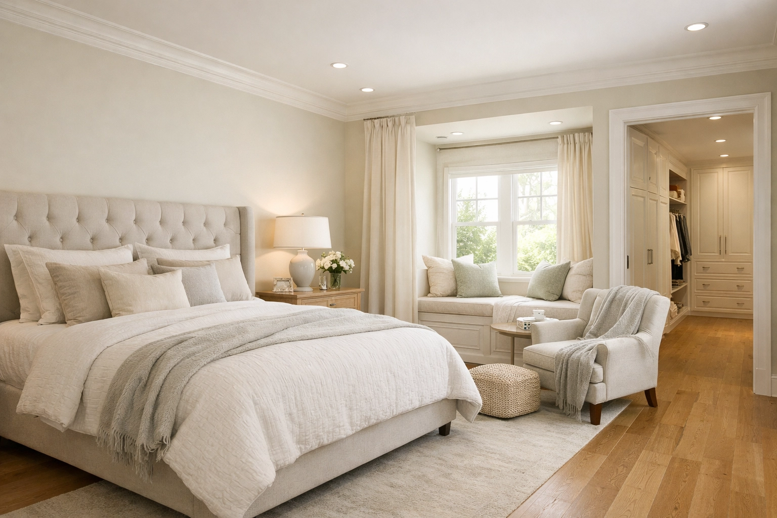 Spacious bespoke bedroom with fitted wardrobes and reading nook