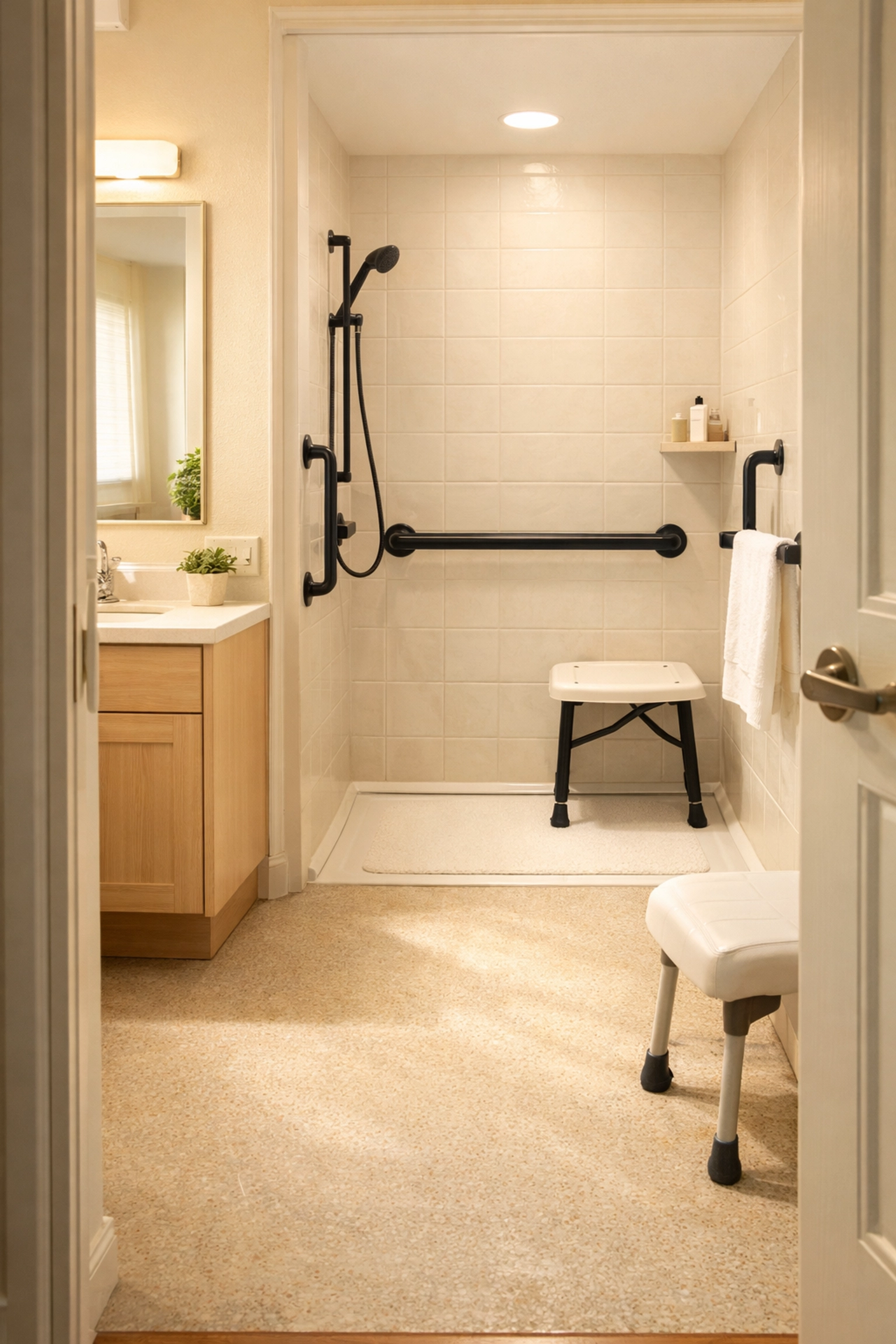 Accessible bathroom with a walk-in shower safety rail, non-slip flooring, and a clear, safe path.