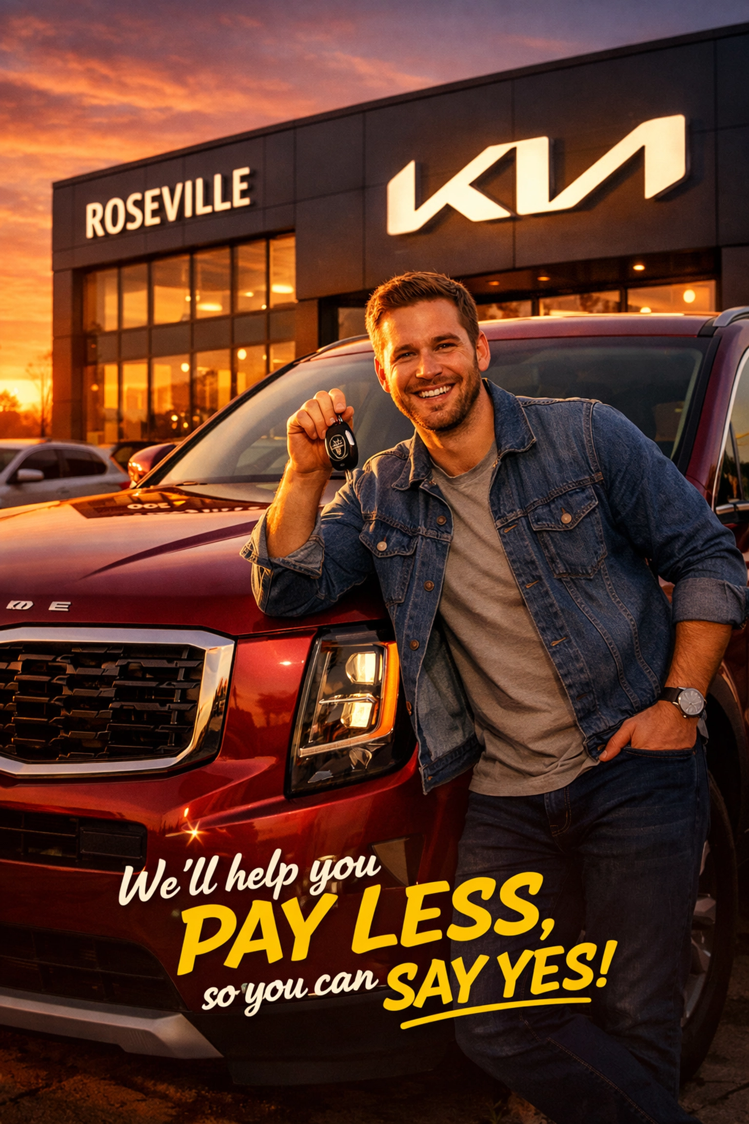 A satisfied customer taking delivery of a new red Kia Telluride at the Roseville Kia dealership.