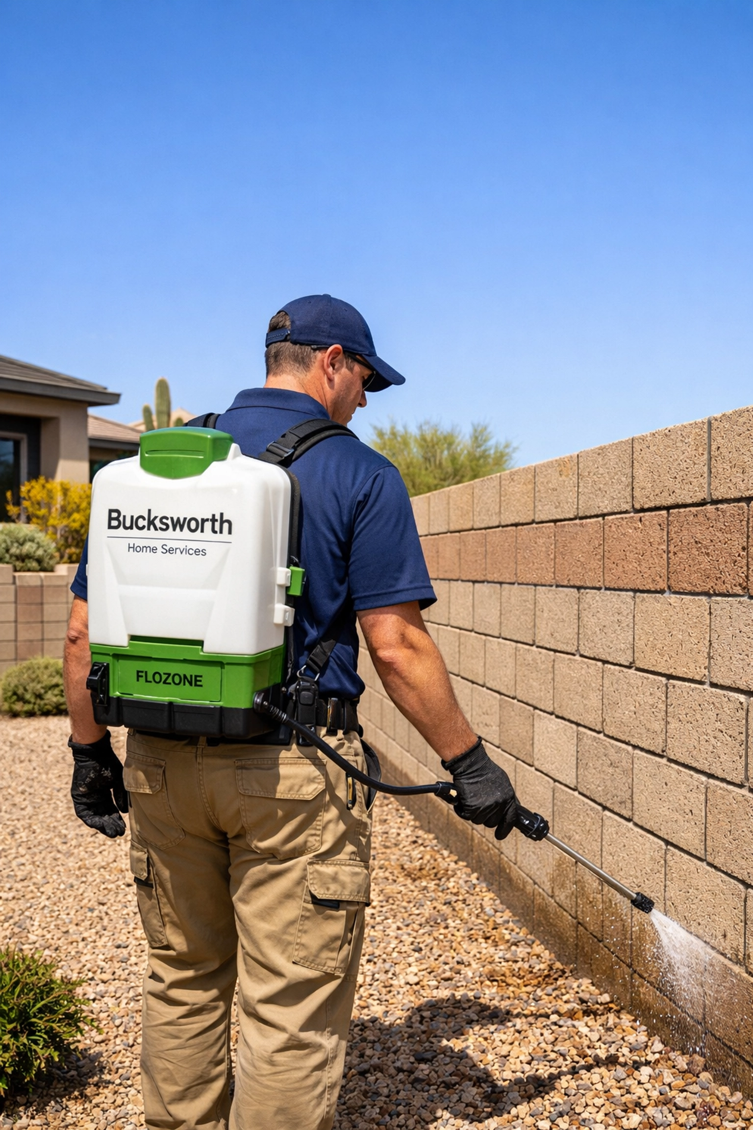 Bucksworth technician using a Flozone backpack sprayer to treat a Phoenix home foundation and block wall.