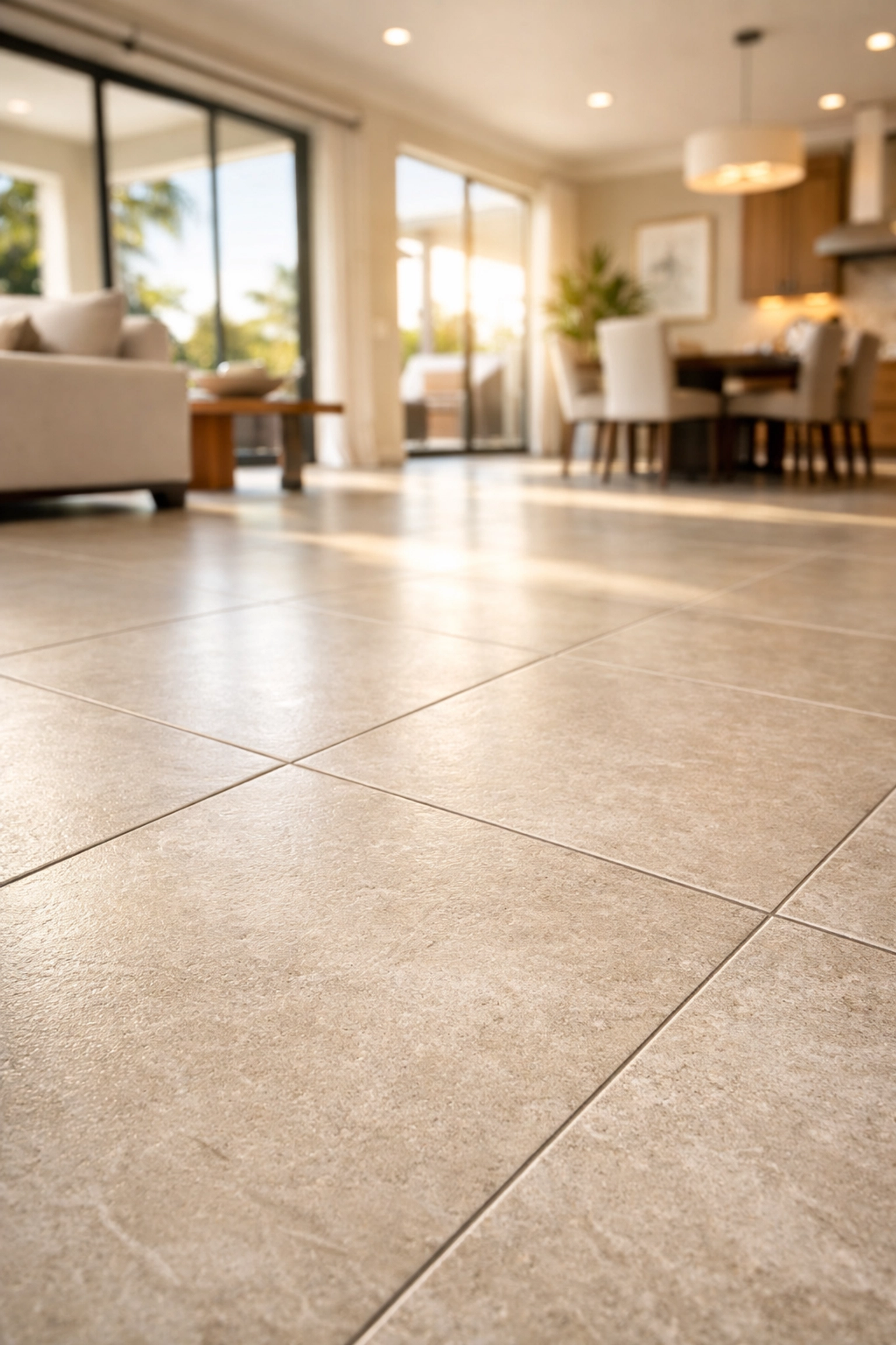 Expert tile installation Orlando featuring large-format porcelain tiles in a sun-lit modern home.