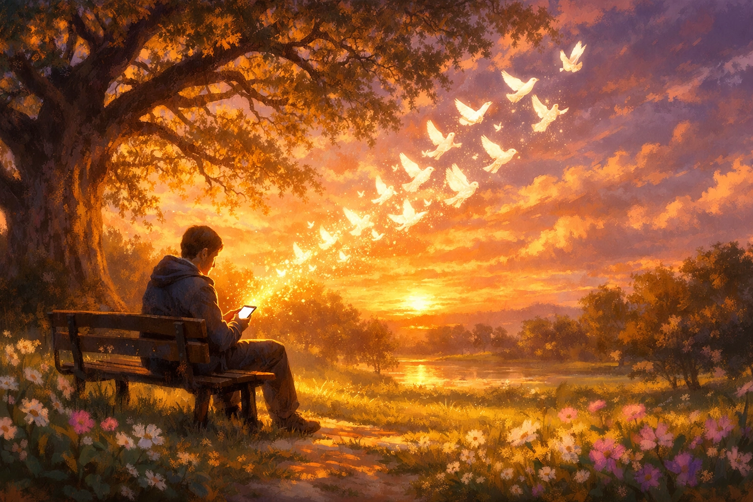 A person reading news in a park, representing spiritual discernment and Christ-centered peace.