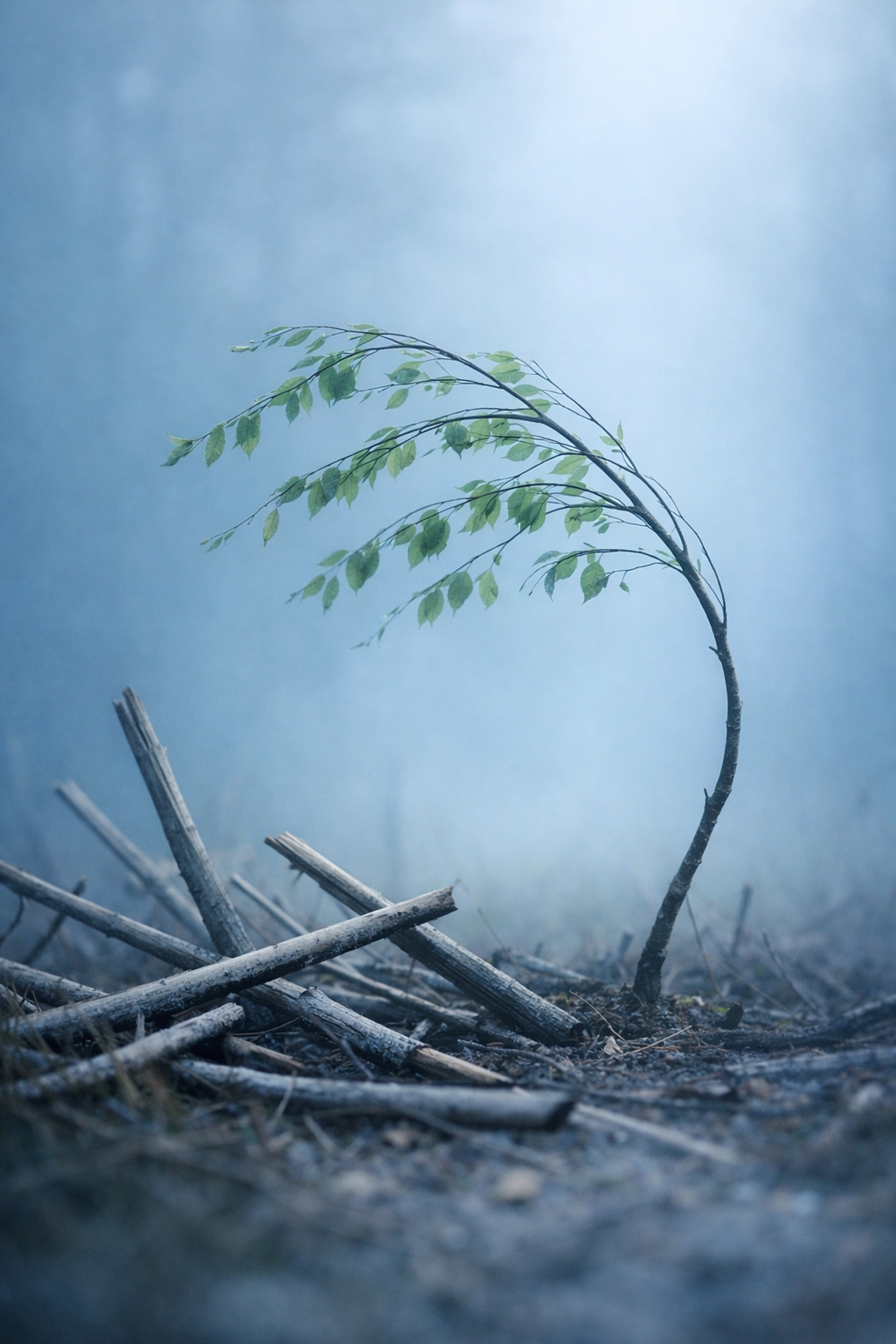 Flexible young tree bending in wind next to broken rigid branches showing resilience as adaptability