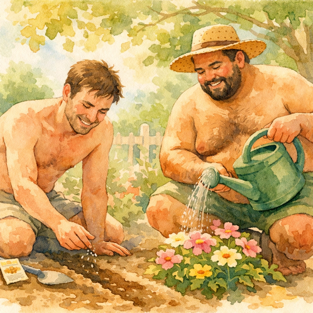 Two men celebrate body positivity and diversity while gardening together outdoors