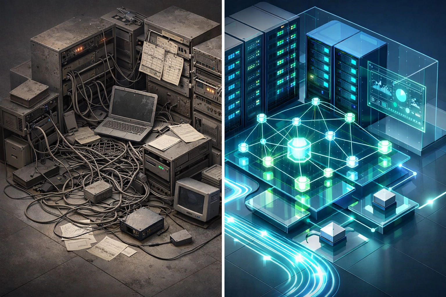 Comparison of chaotic legacy IT systems versus organized modern ServiceNow data center
