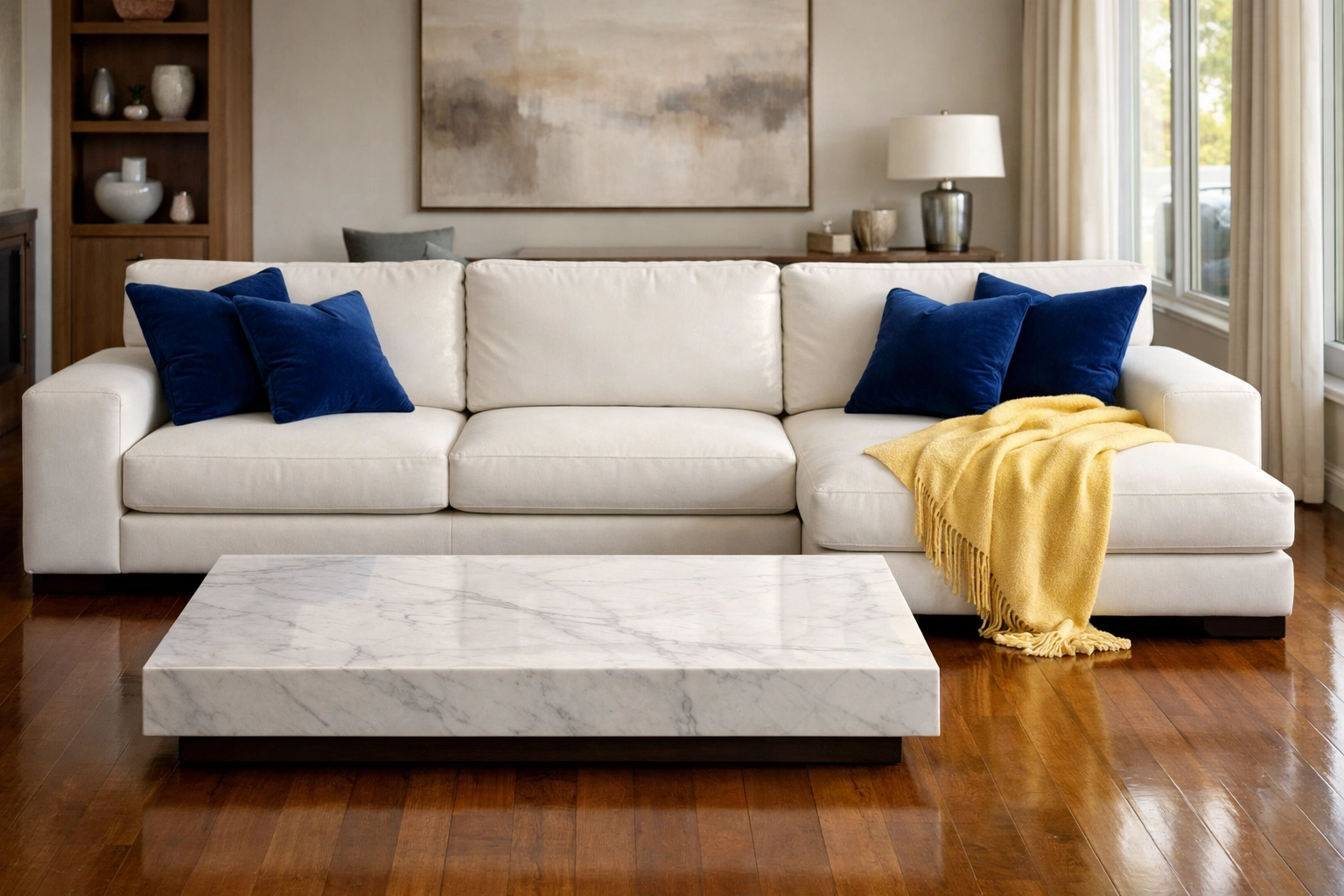 Clean living room with polished hardwood floors and tidy furniture after a professional service.