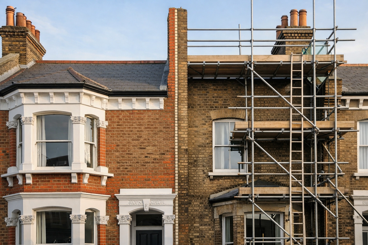 London terraced house party wall with scaffolding during construction project