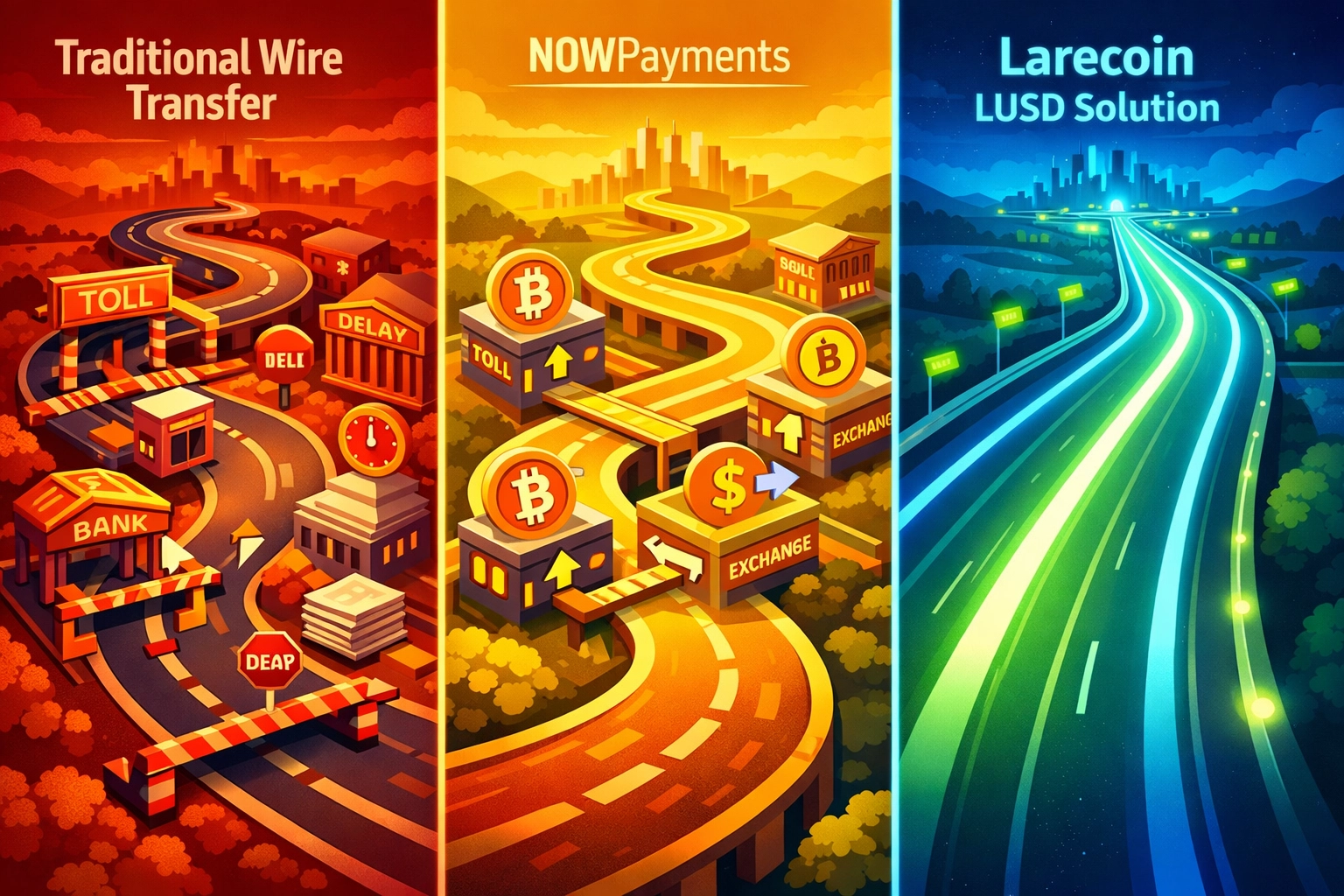 Payment route comparison: traditional transfers vs crypto gateways vs LUSD stablecoin