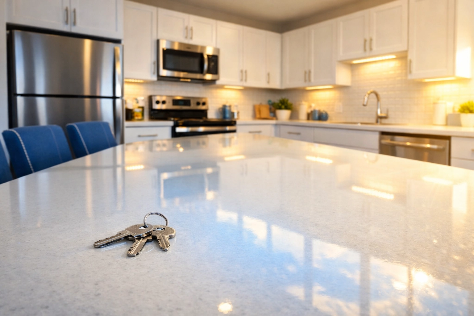 Spotless Leominster apartment kitchen with keys on a shiny counter after move-out cleaning.