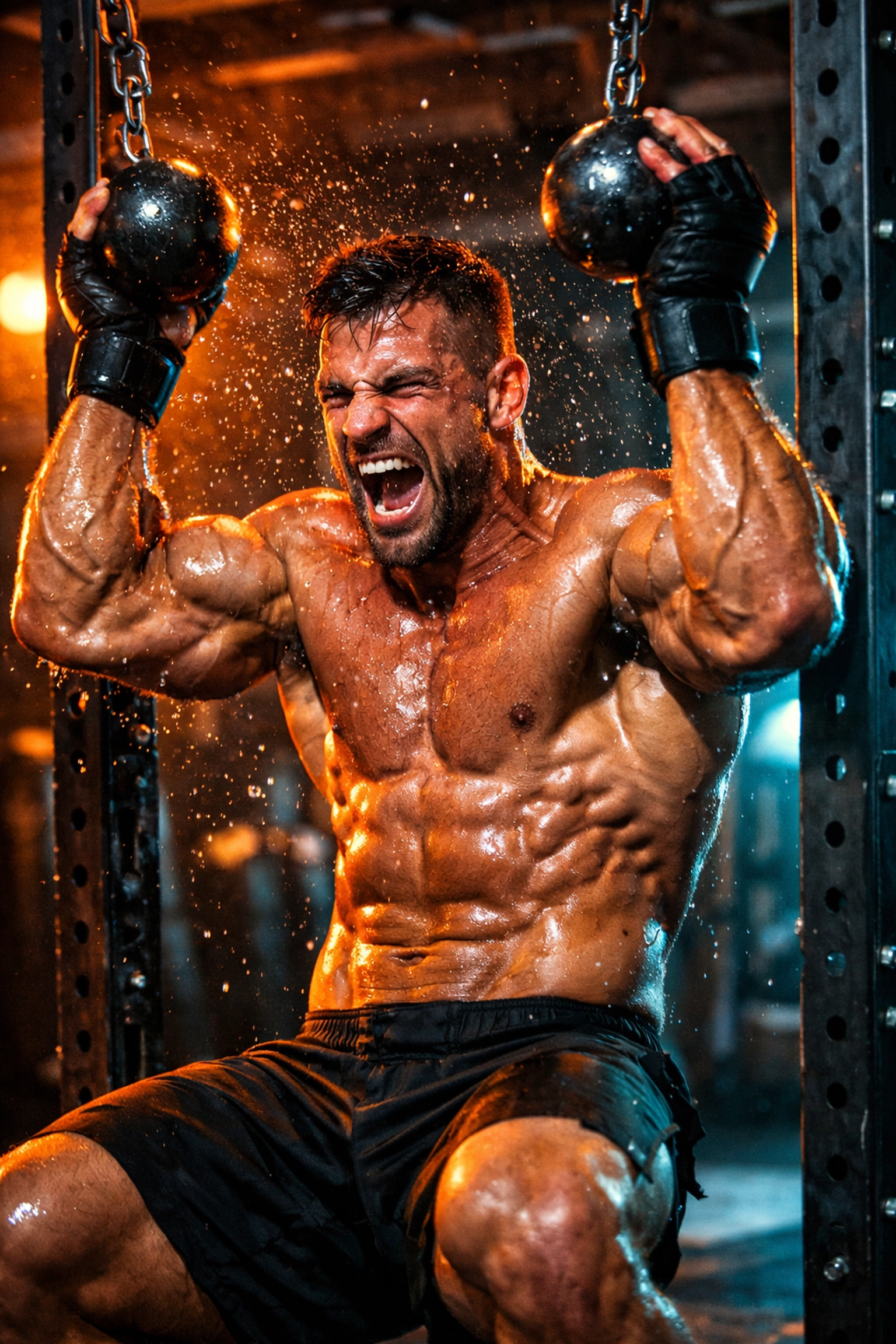 Athlete performing grip strength training with cannonball grips on a vertical home gym rail.