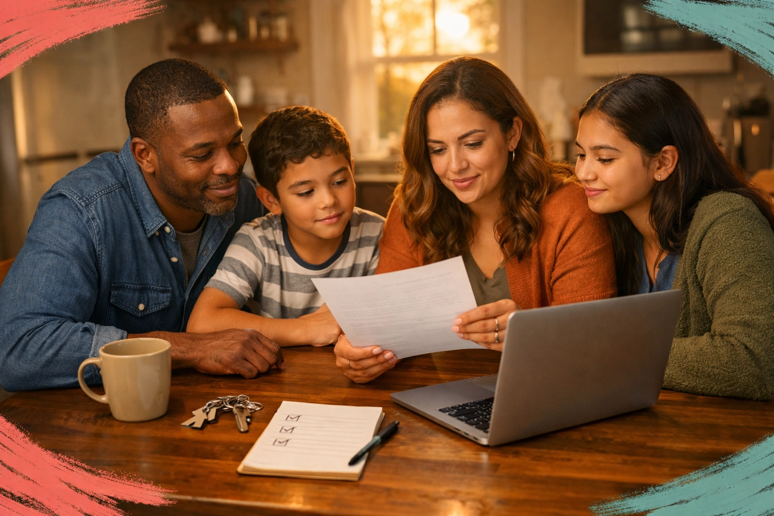 Family reviewing home buying paperwork together calmly at kitchen table in Phoenix Family reviewing home buying paperwork together calmly at kitchen table in Phoenix