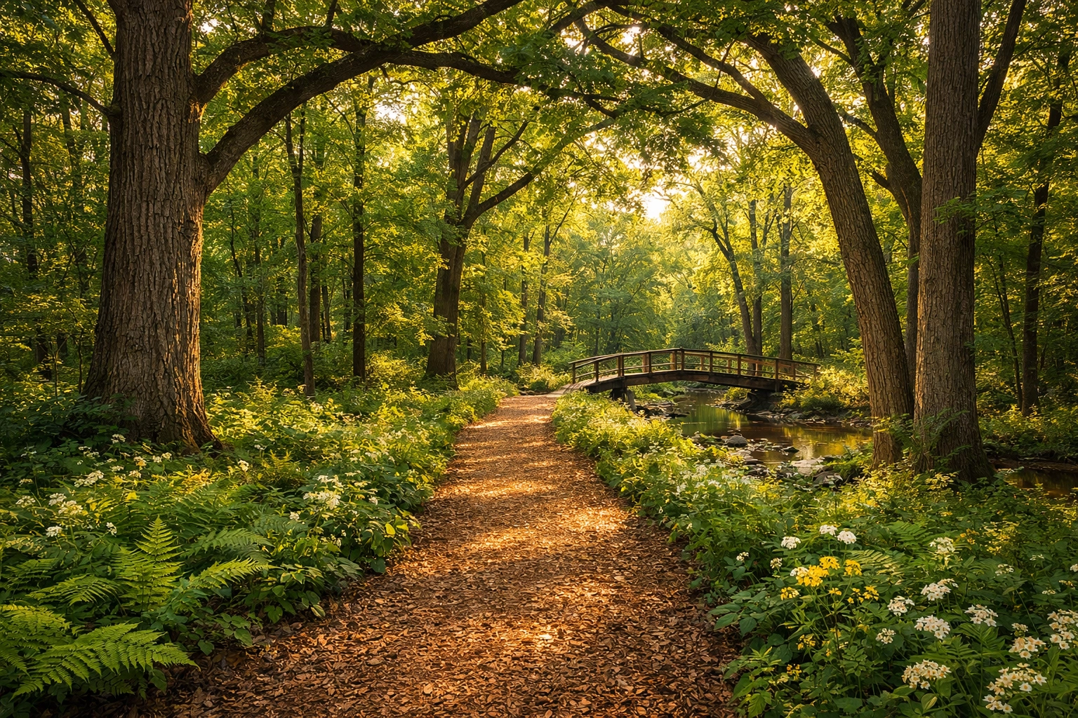 Wooded walking trail and footbridge in Ryerson Woods, a scenic nature preserve in Riverwoods, IL.