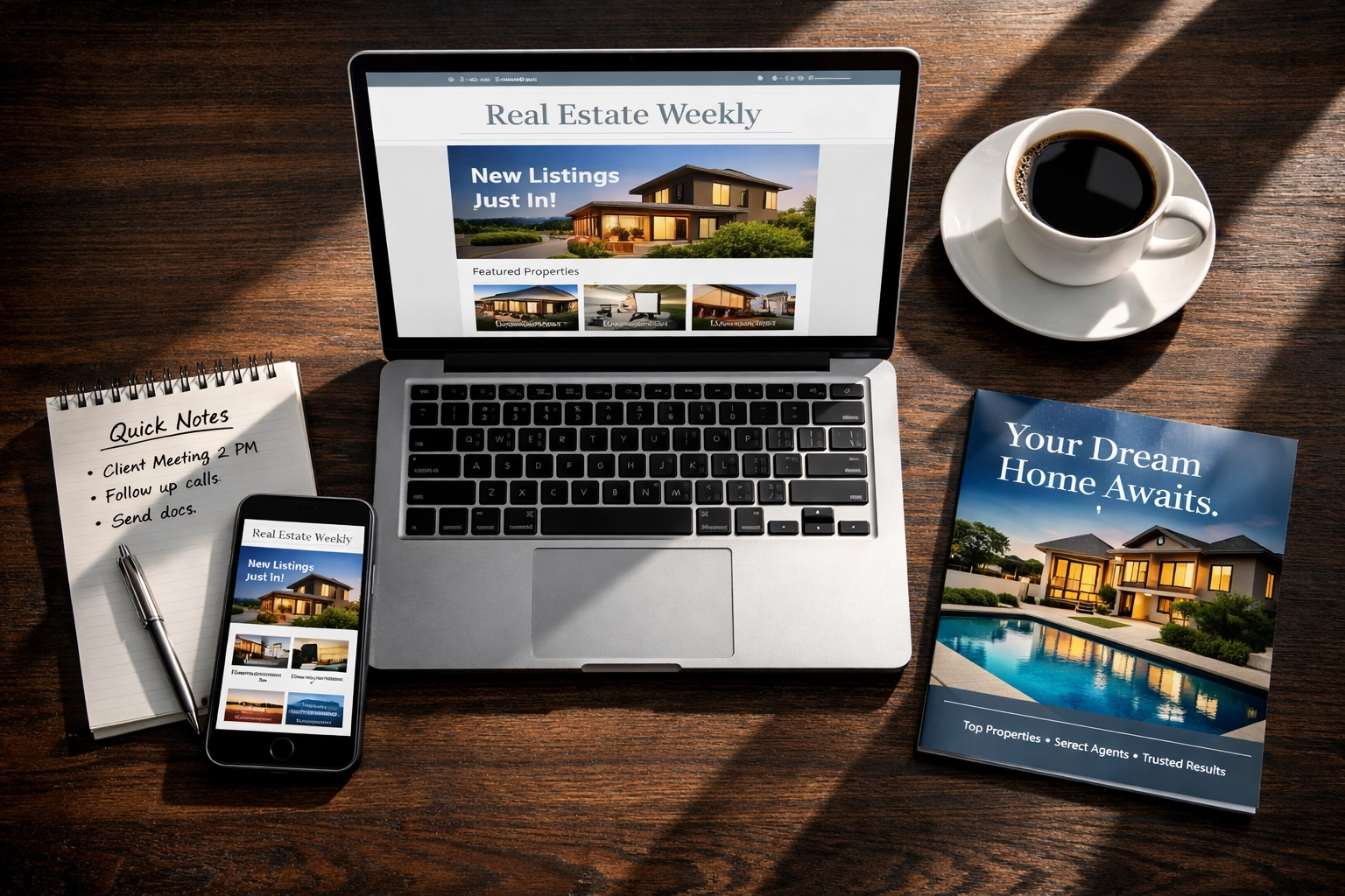 Real estate newsletter template displayed on laptop with workspace setup for agents
