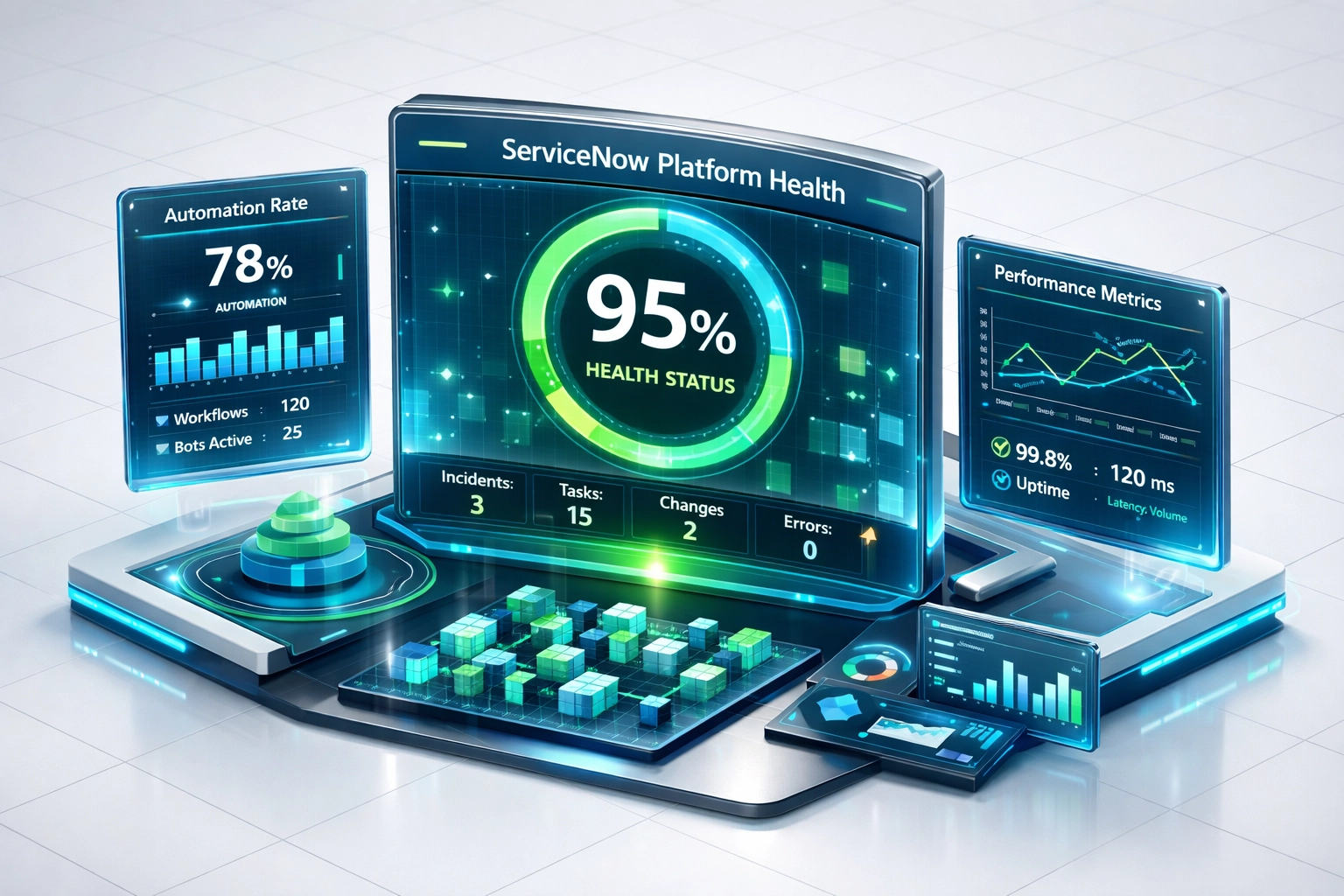 ServiceNow platform health dashboard showing 95% performance metrics and automation rates