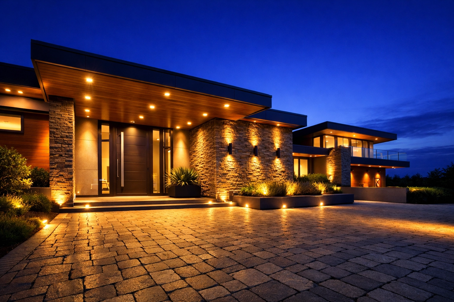 Εξωτερικός έξυπνος φωτισμός WiFi σε μοντέρνα κατοικία για ασφάλεια και άνεση.