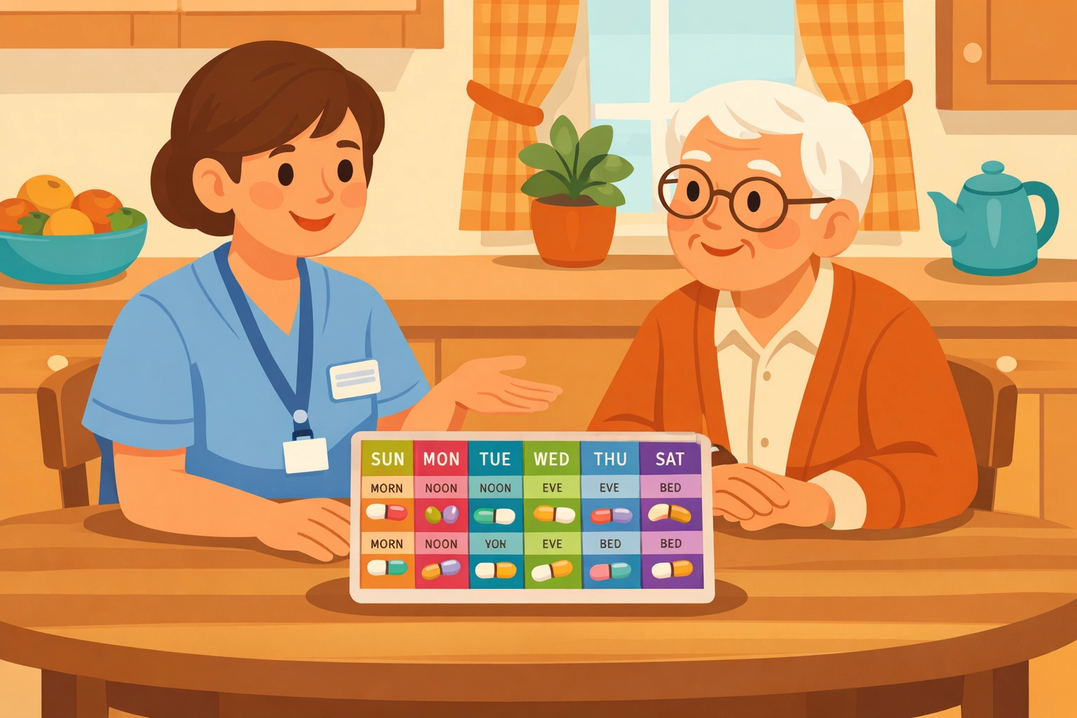 Georgia home care professional providing RN oversight for medication management with a senior at their kitchen table.