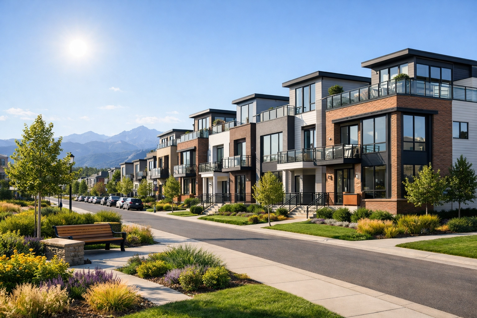Modern Aurora townhomes with mountain views showcasing high quality living in the Denver Metro.