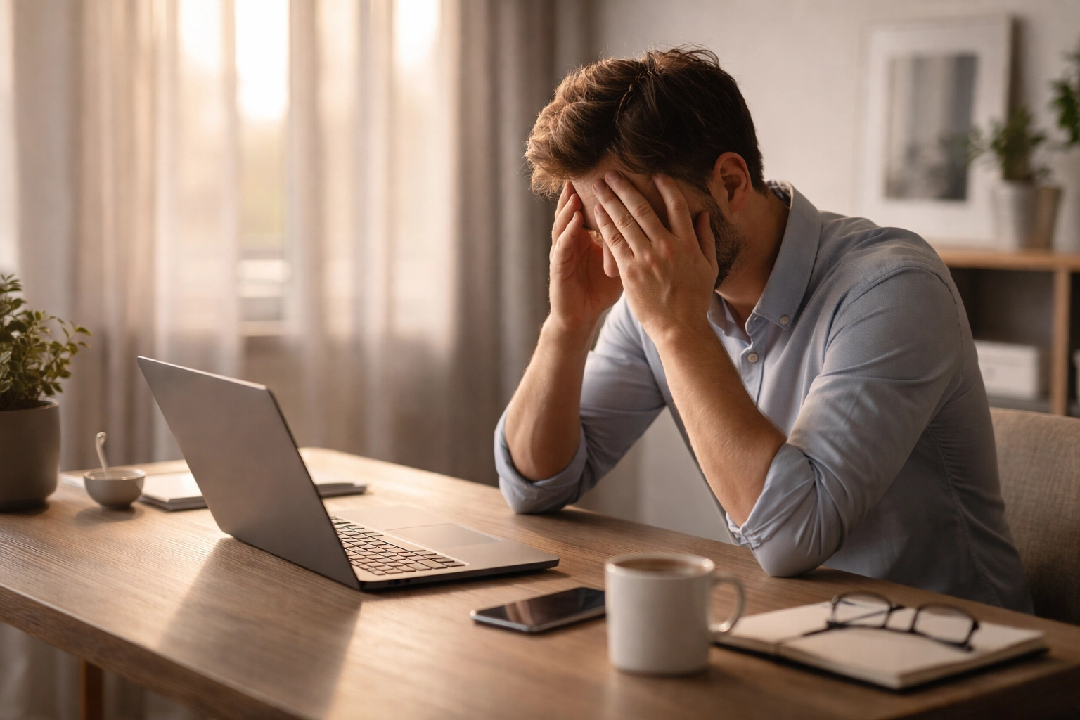 A stressed entrepreneur sits alone at a home office desk, showing early signs of founder burnout and emotional exhaustion.