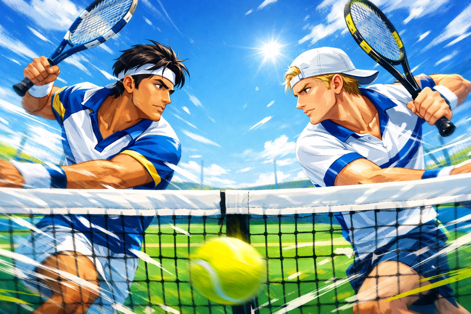 Male tennis rivals in intense match representing gay sports romance novels
