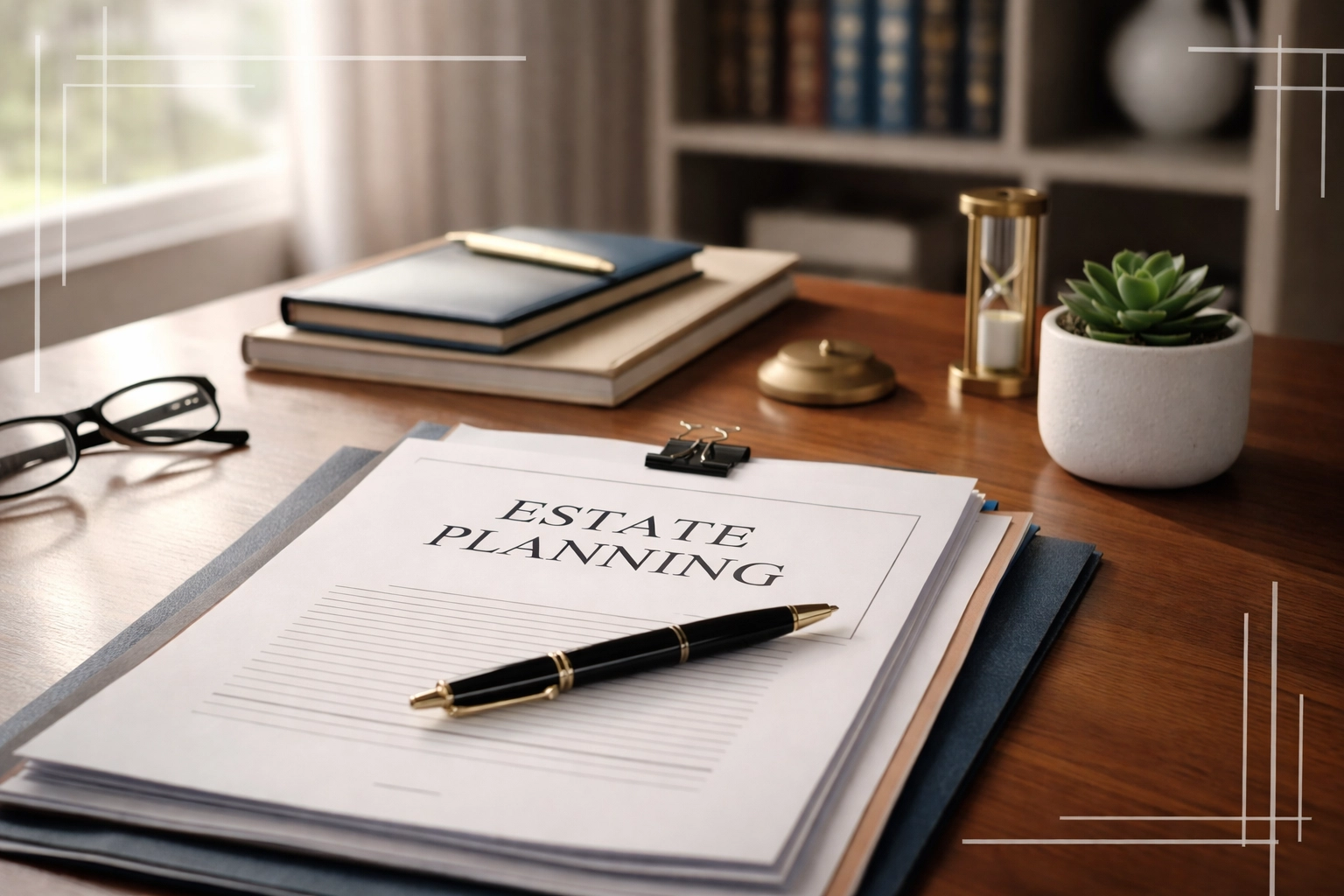 Modern office desk with estate planning documents, symbolizing professional financial planning for high-net-worth individuals