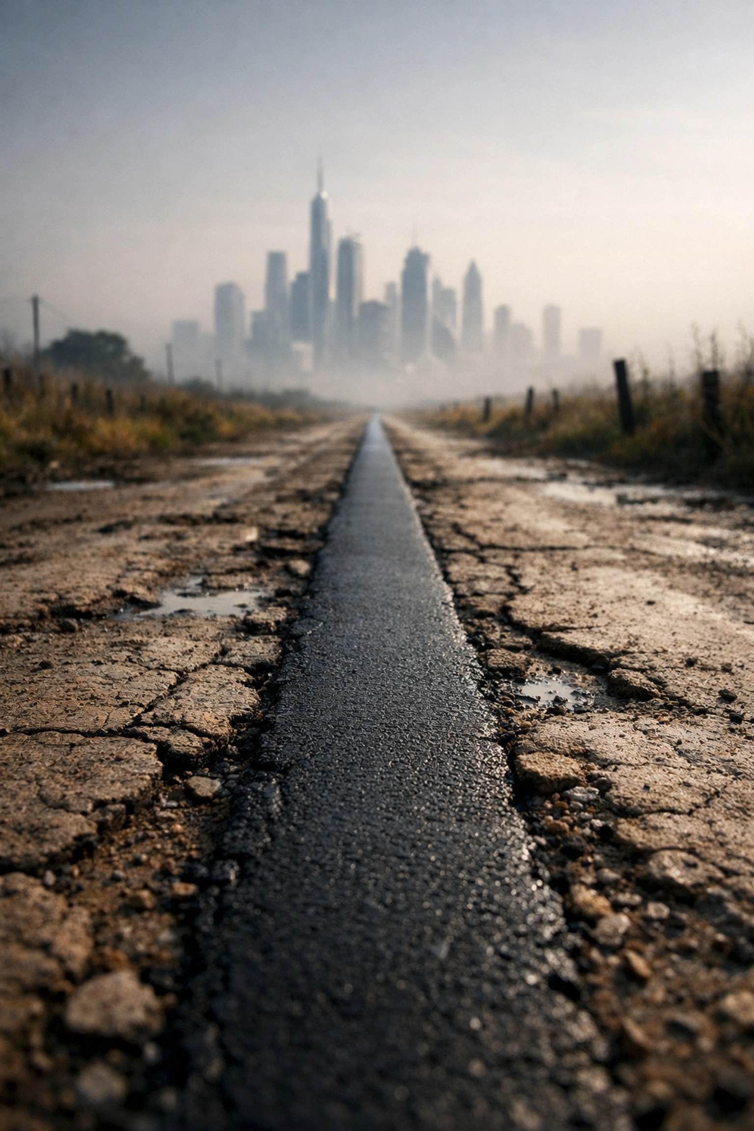 Cracked dirt road with asphalt patch leading to modern city skyline, symbolizing outdated healthcare systems.