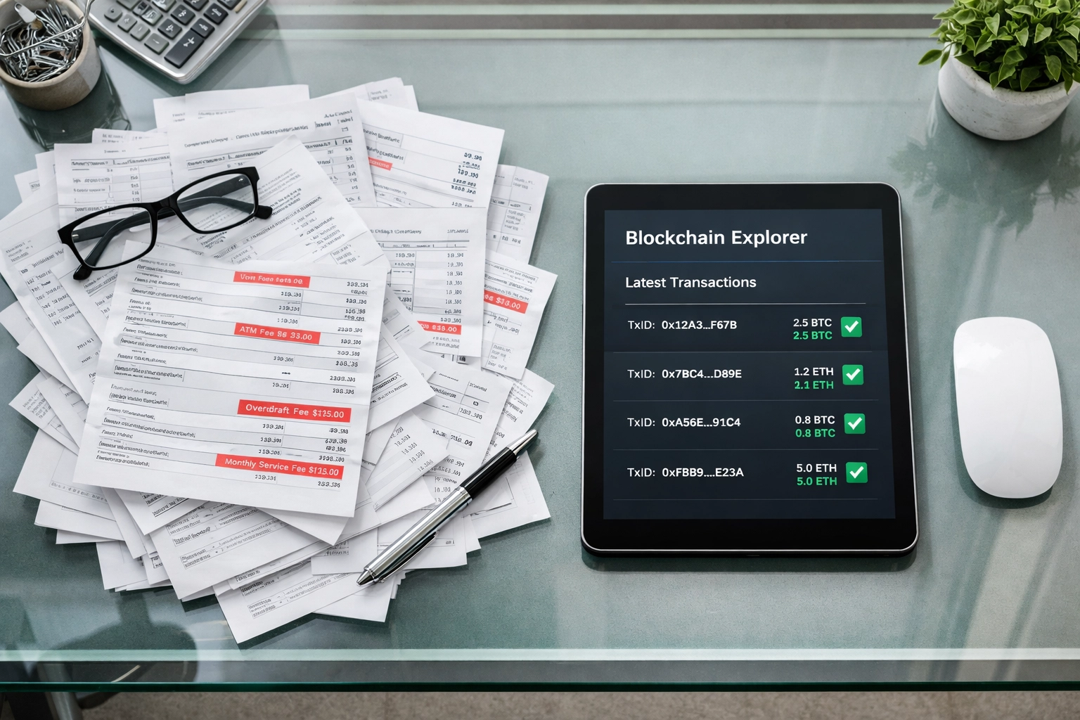 Bank statements with hidden fees vs transparent blockchain transaction data