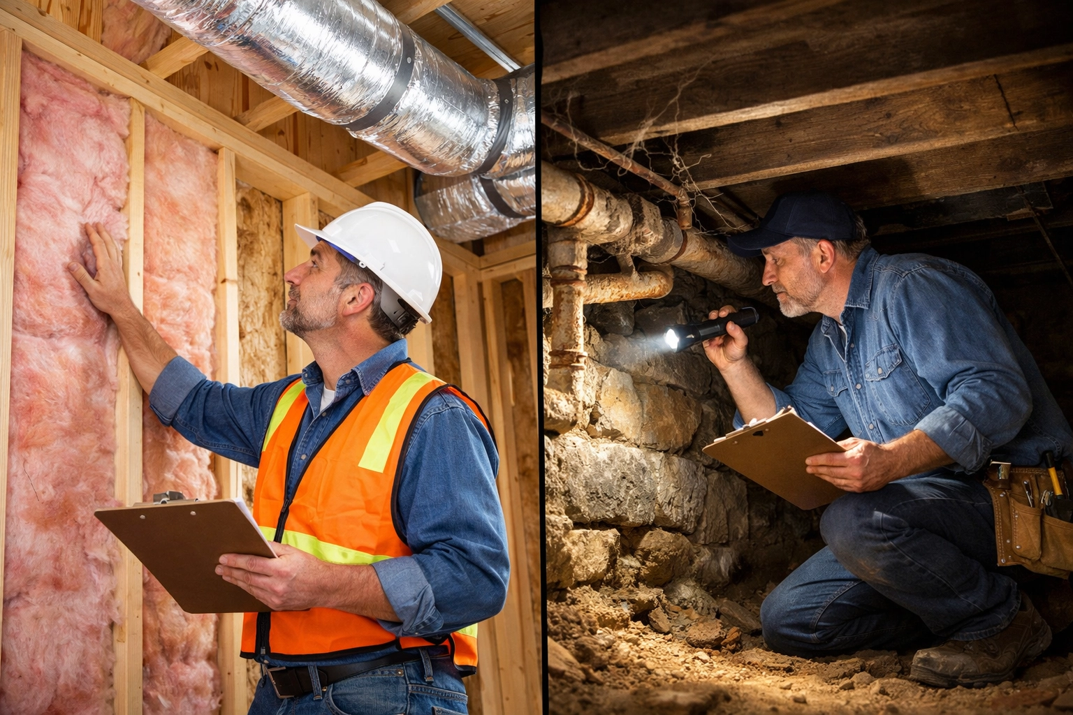 Contractor inspecting new construction framing and resale home foundation