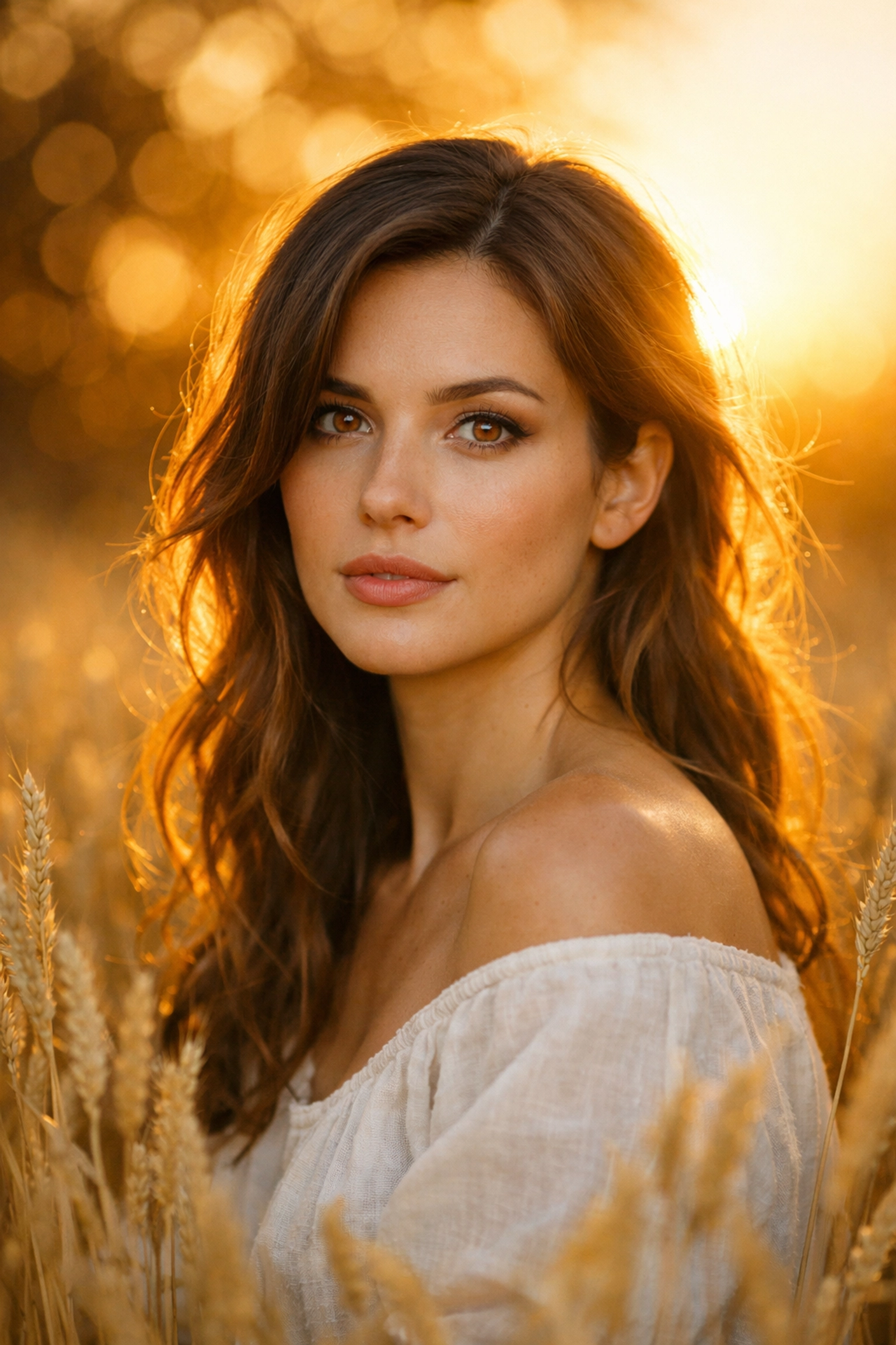 Professional portrait photography shot during golden hour in a field using natural light and soft bokeh.