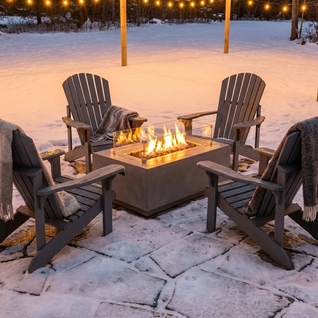 Modern propane fire pit with Adirondack chairs on a snowy patio, perfect for cozy outdoor winter events