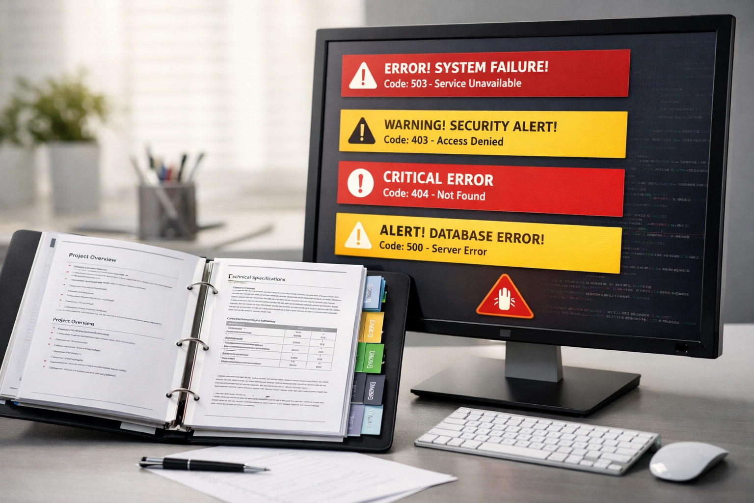 Computer monitor displaying IRS rejection codes with organized reference binder for service bureau