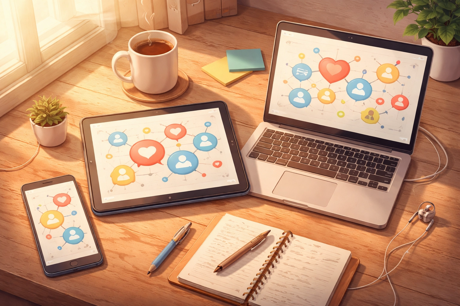 Bird's-eye view of a desk with digital devices showing hearts and connection icons, illustrating social media engagement.