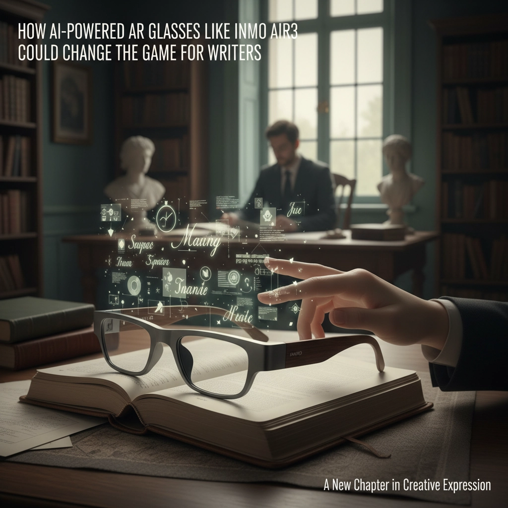 INMO Air3 AR glasses showcased on a writer’s desk with a notebook, pen, and coffee in the background.