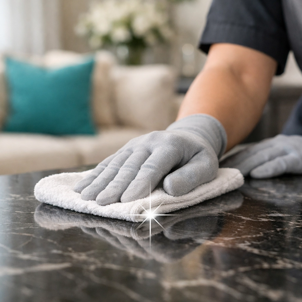 Skilled cleaners in Norwich polishing a marble counter, delivering reliable and high-quality cleaning services.