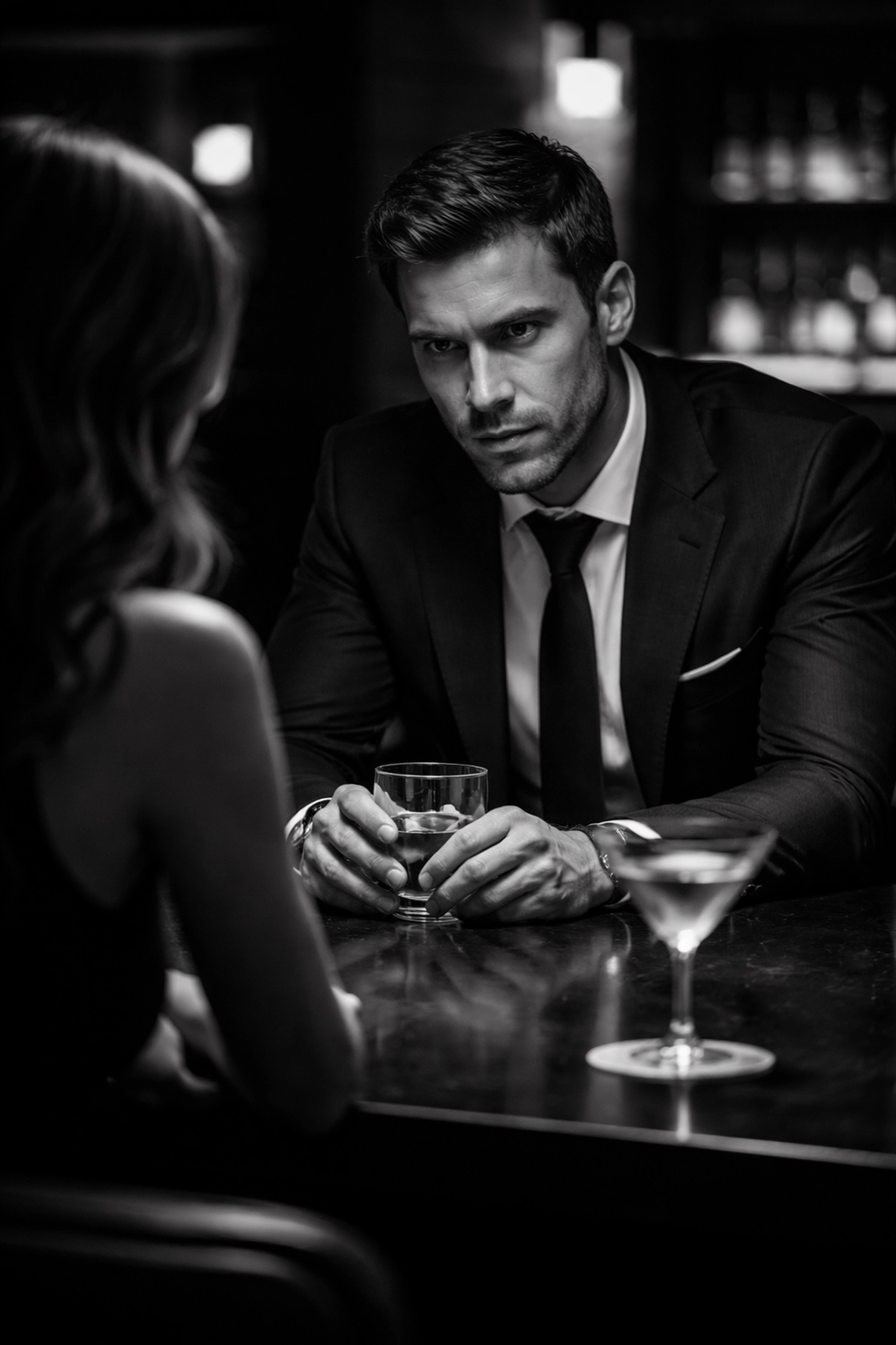 Professional man at a bar appearing intense on a date, illustrating dating coach advice for men
