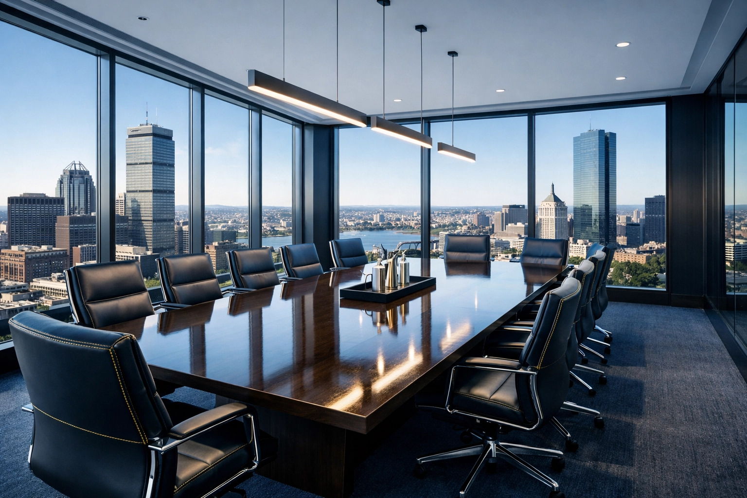 Spotless modern conference room in a Boston office, cleaned by professional janitorial services Massachusetts.