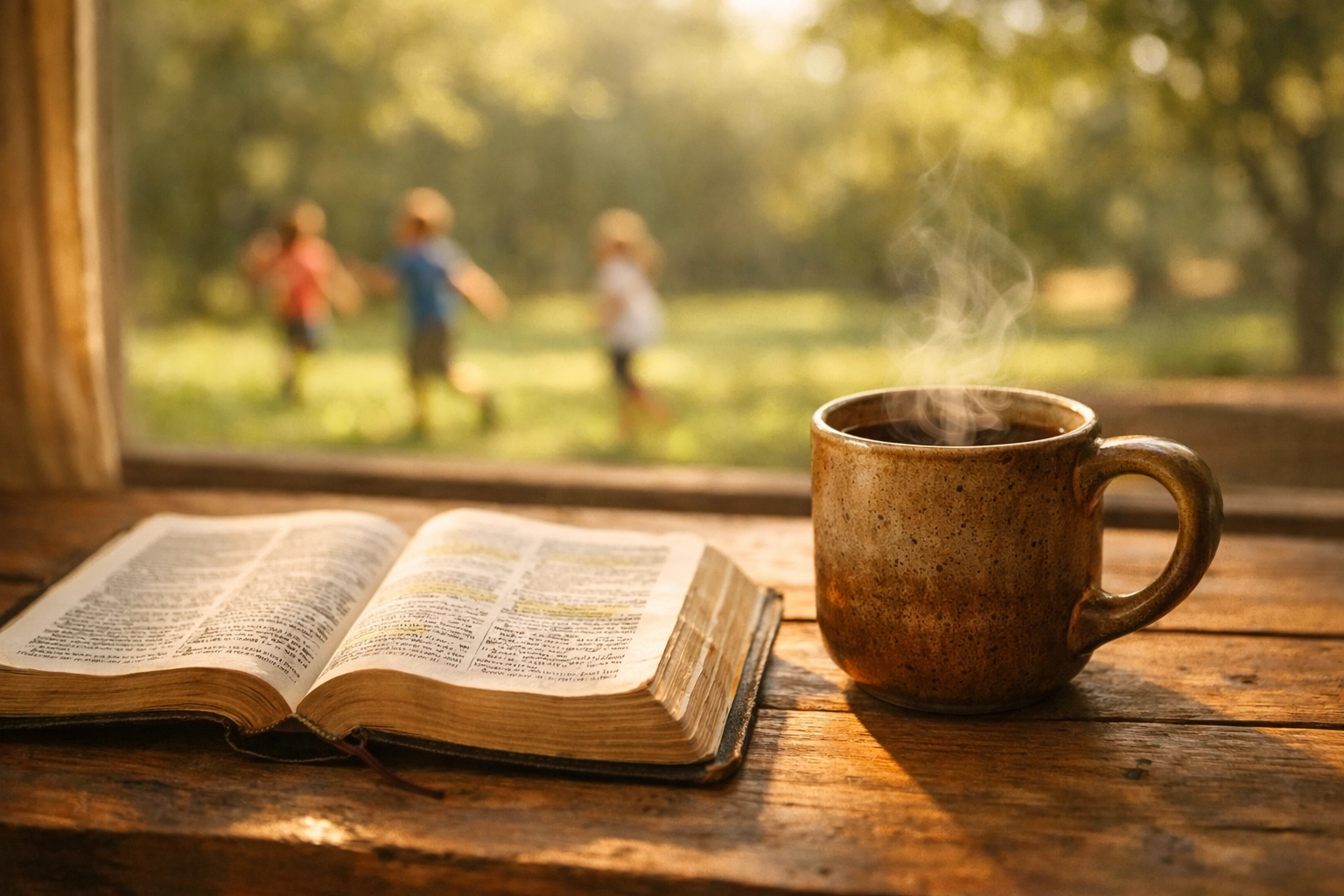 An open Bible and coffee on a sunlit table, representing a faith-centered perspective on political compromise.