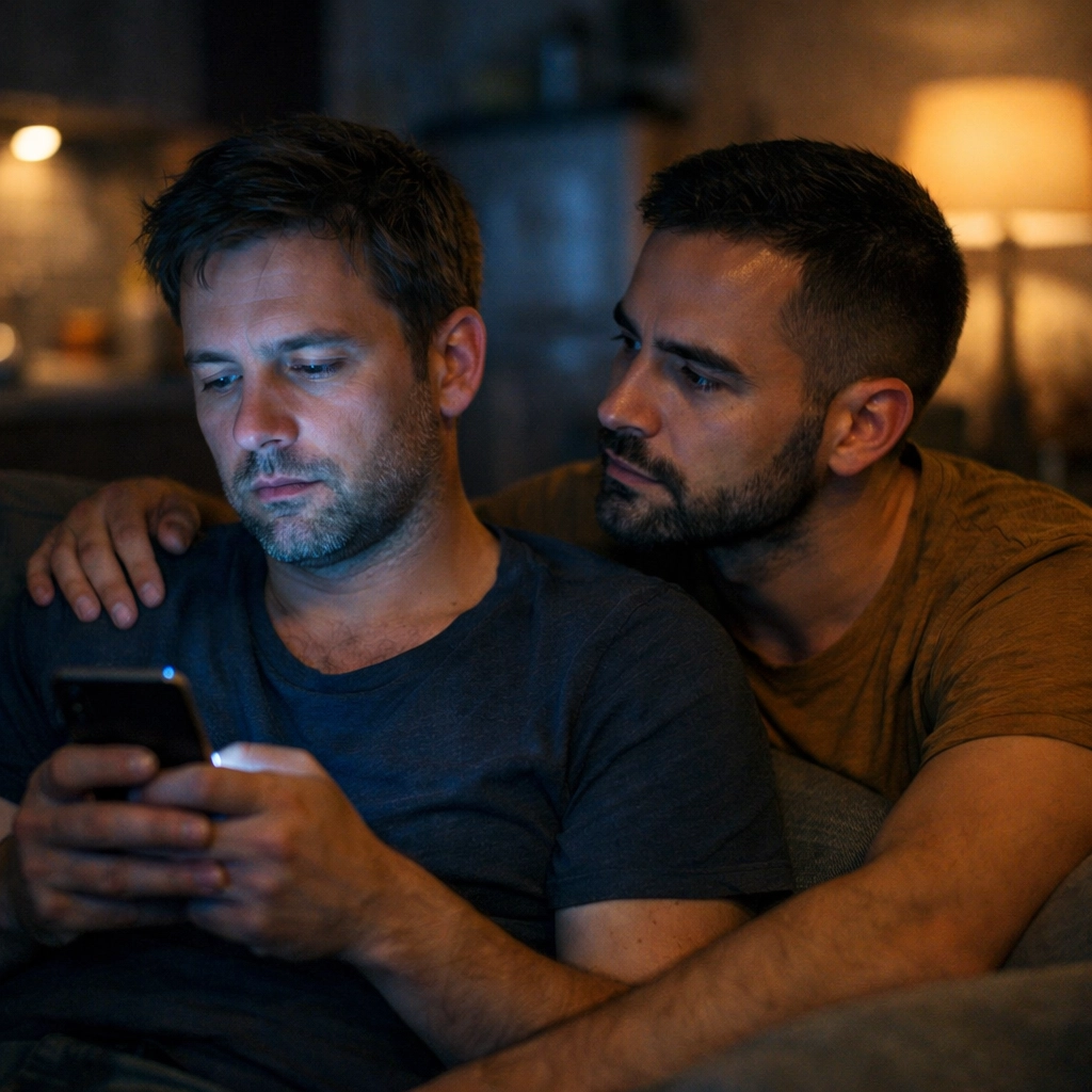 Two gay men on couch showing emotional disconnect from porn addiction isolation