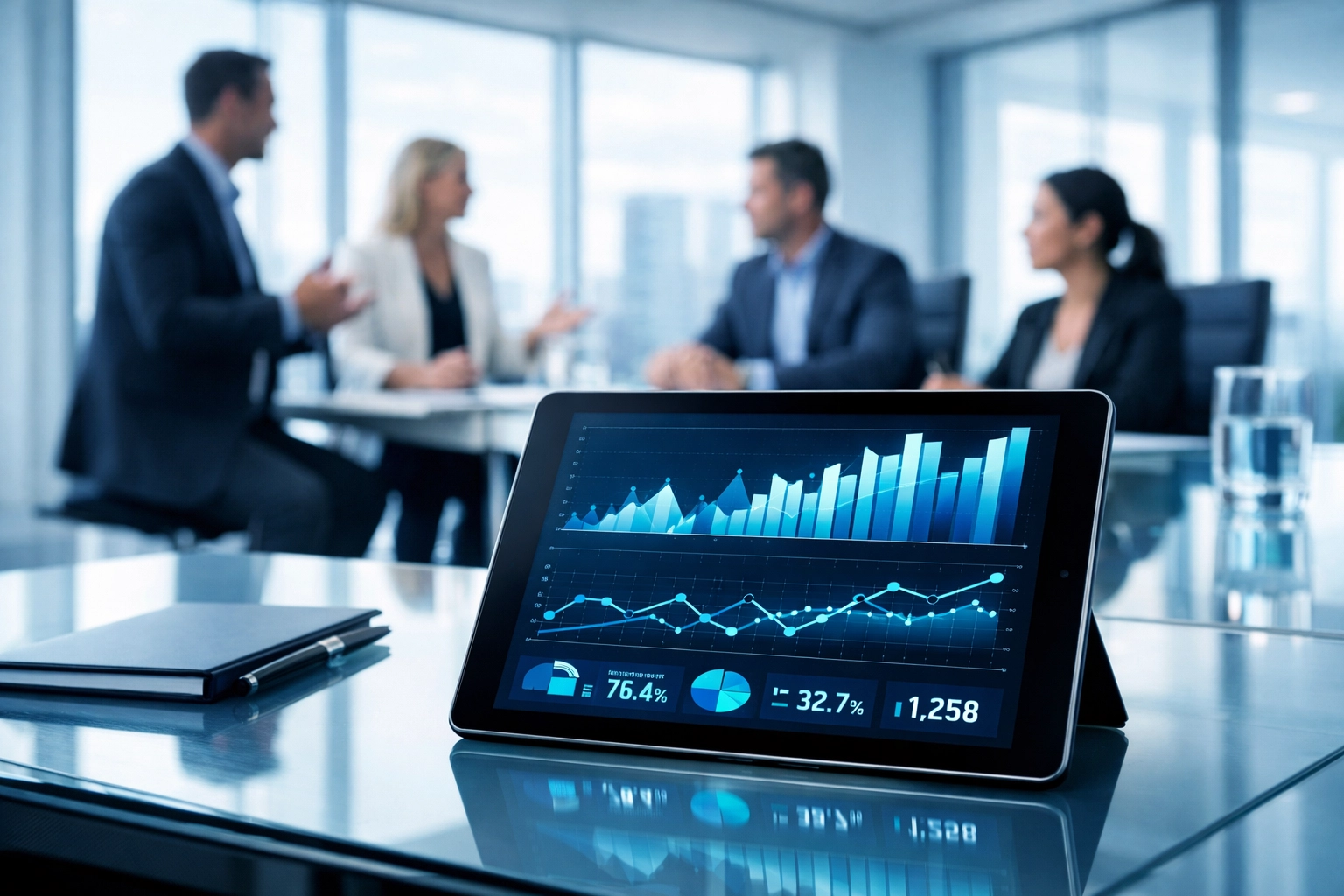 Digital tablet displaying sales performance data charts during a corporate team strategy meeting.