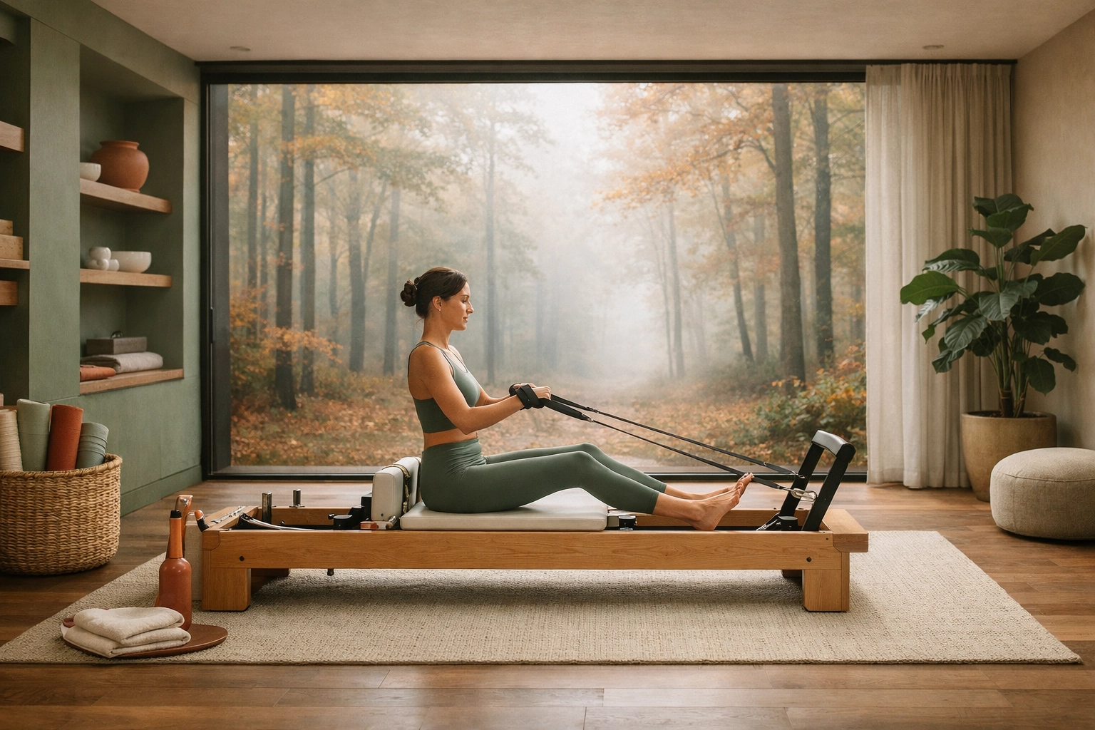 A woman practicing mindful Pilates to support systemic recovery during the luteal phase.