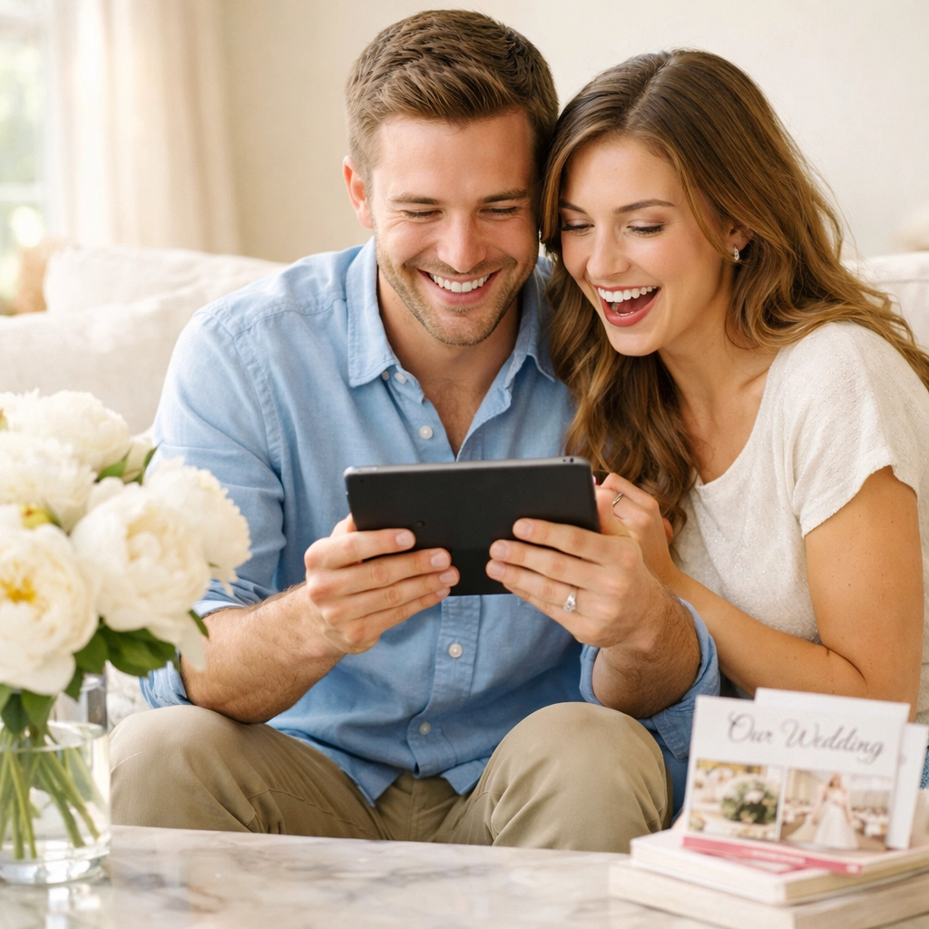 Young couple using a tablet to plan a debt-free wedding in a bright living room.